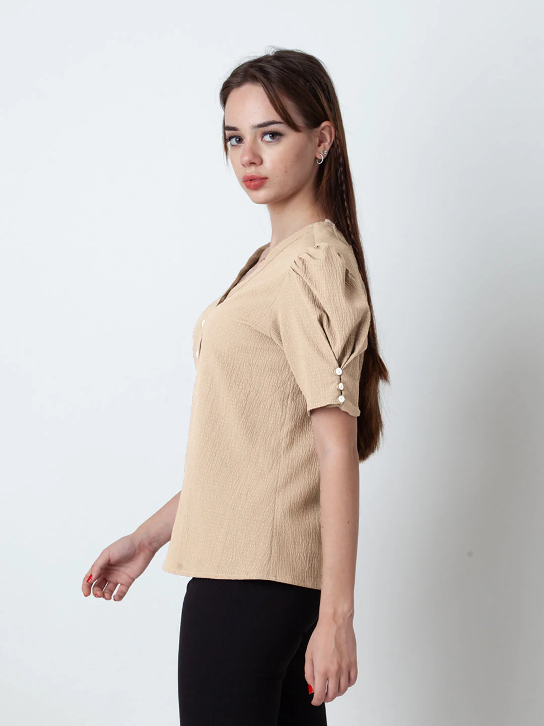 Beige Solid Puff Sleeve Top - Image 3
