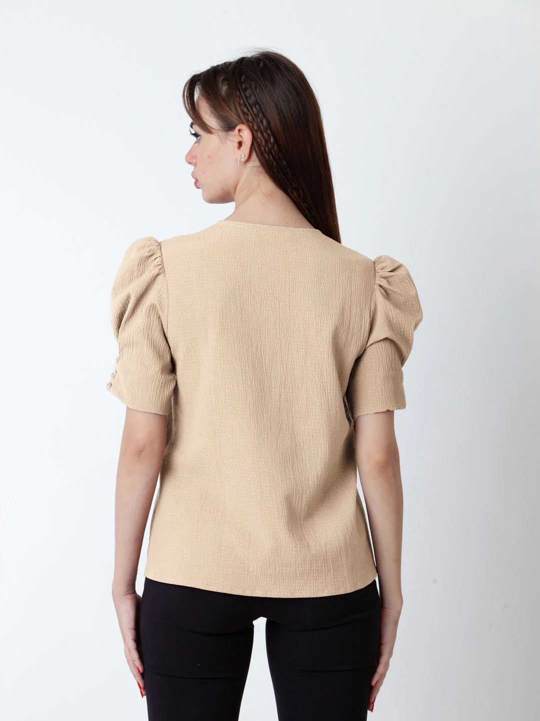 Beige Solid Puff Sleeve Top - Image 4