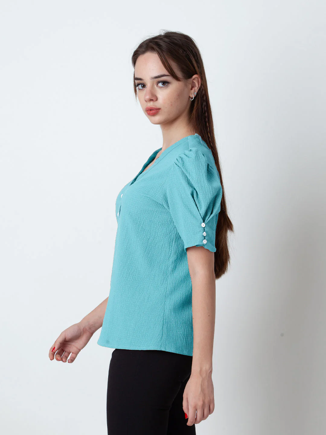 Glacial Blue Solid Puff Sleeve Top - Image 3