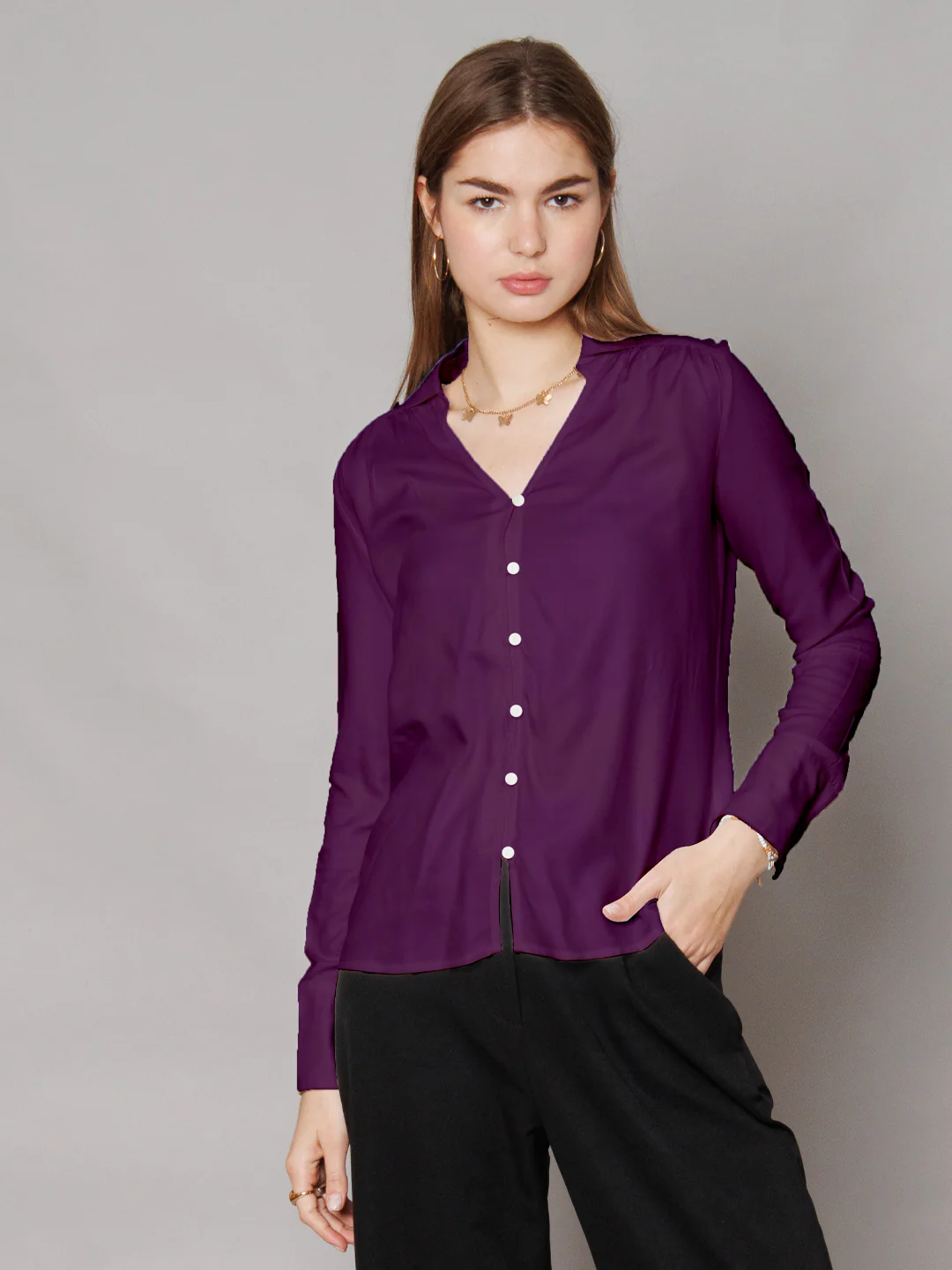 Solid Purple Gathered Shirt - Image 2