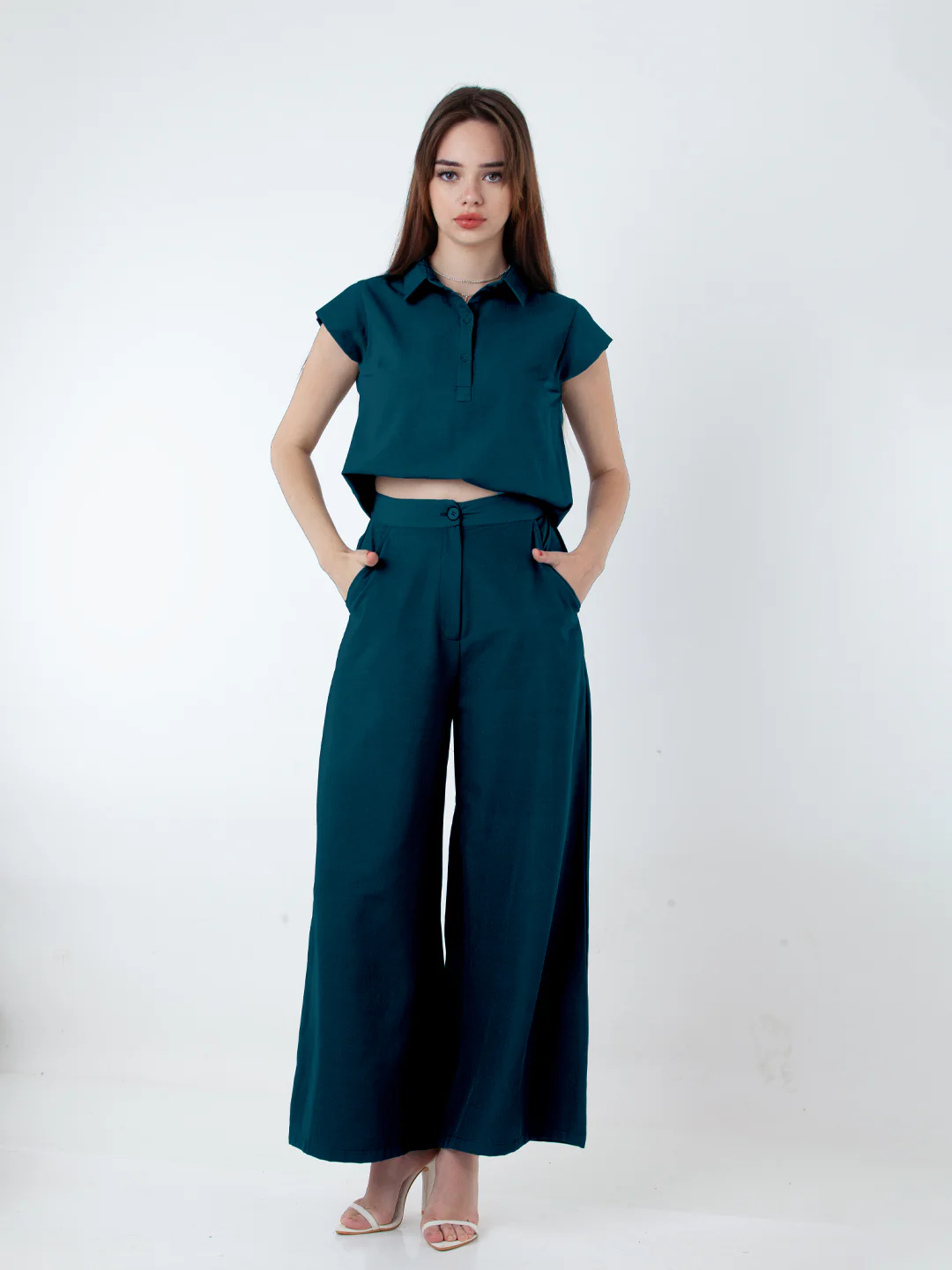 Solid Teal Wide Leg Co-Ord Set - Image 2