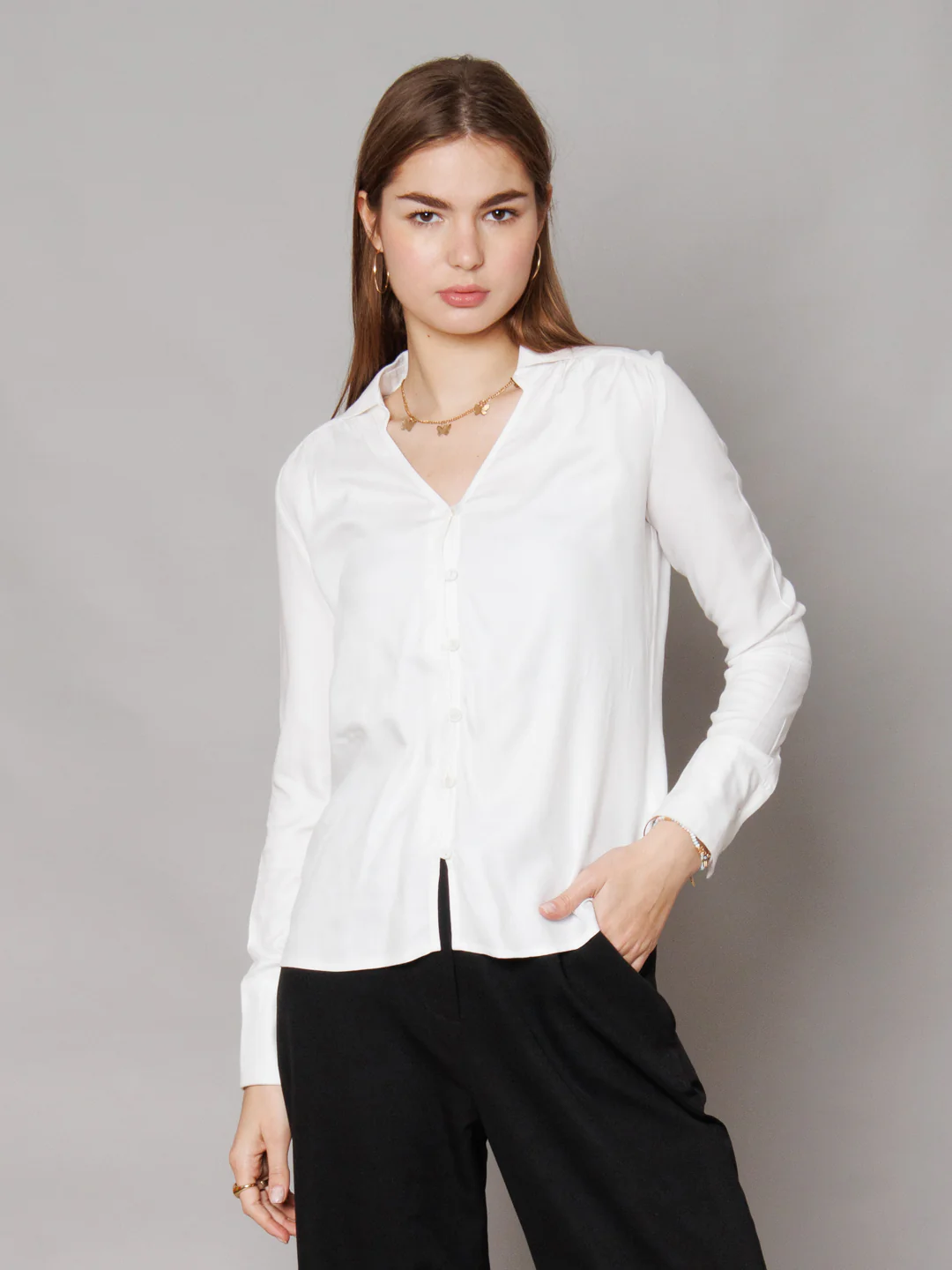 Solid White Gathered Shirt - Image 2