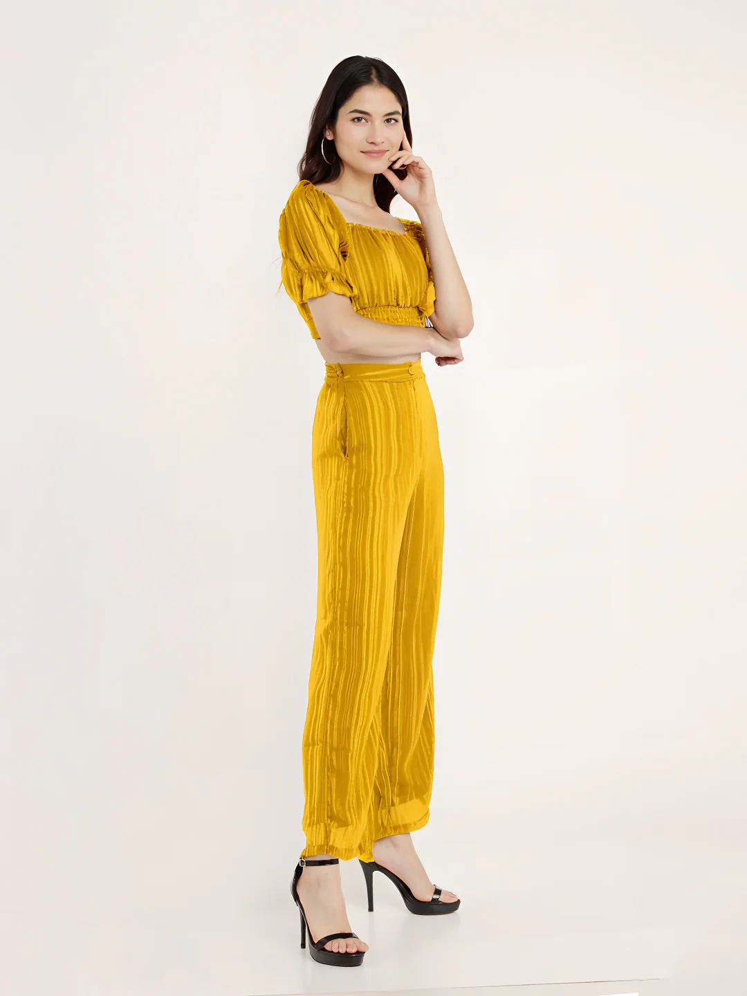 Solid Yellow Cropped Co-Ord Set - Image 3