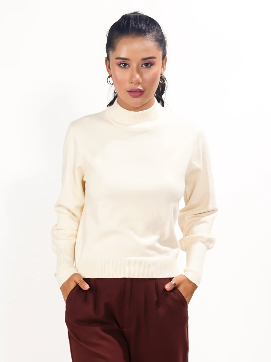 Off White Solid Slip-On Sweater - Image 3