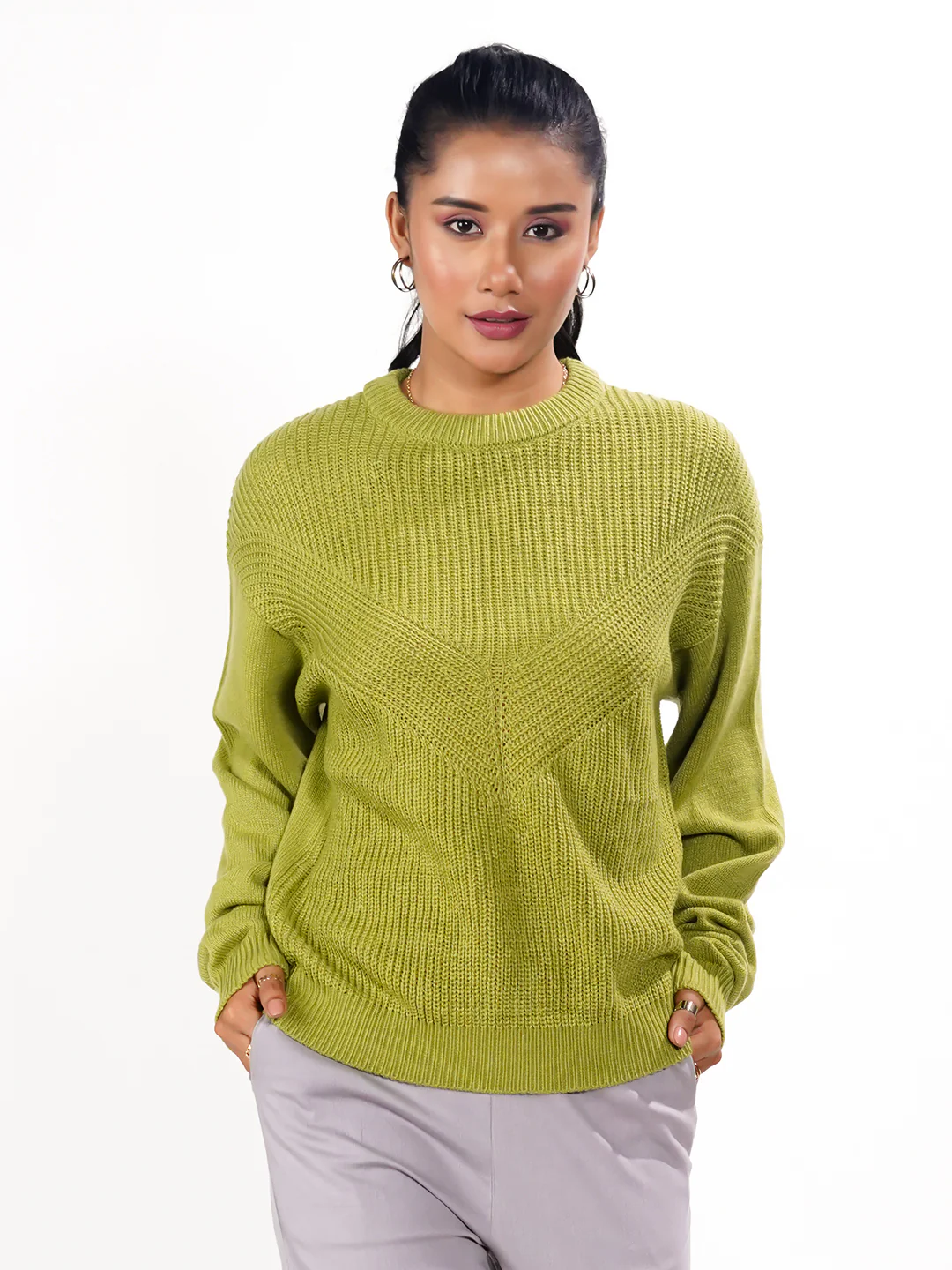 Green Solid Slip-On Sweater - Image 2