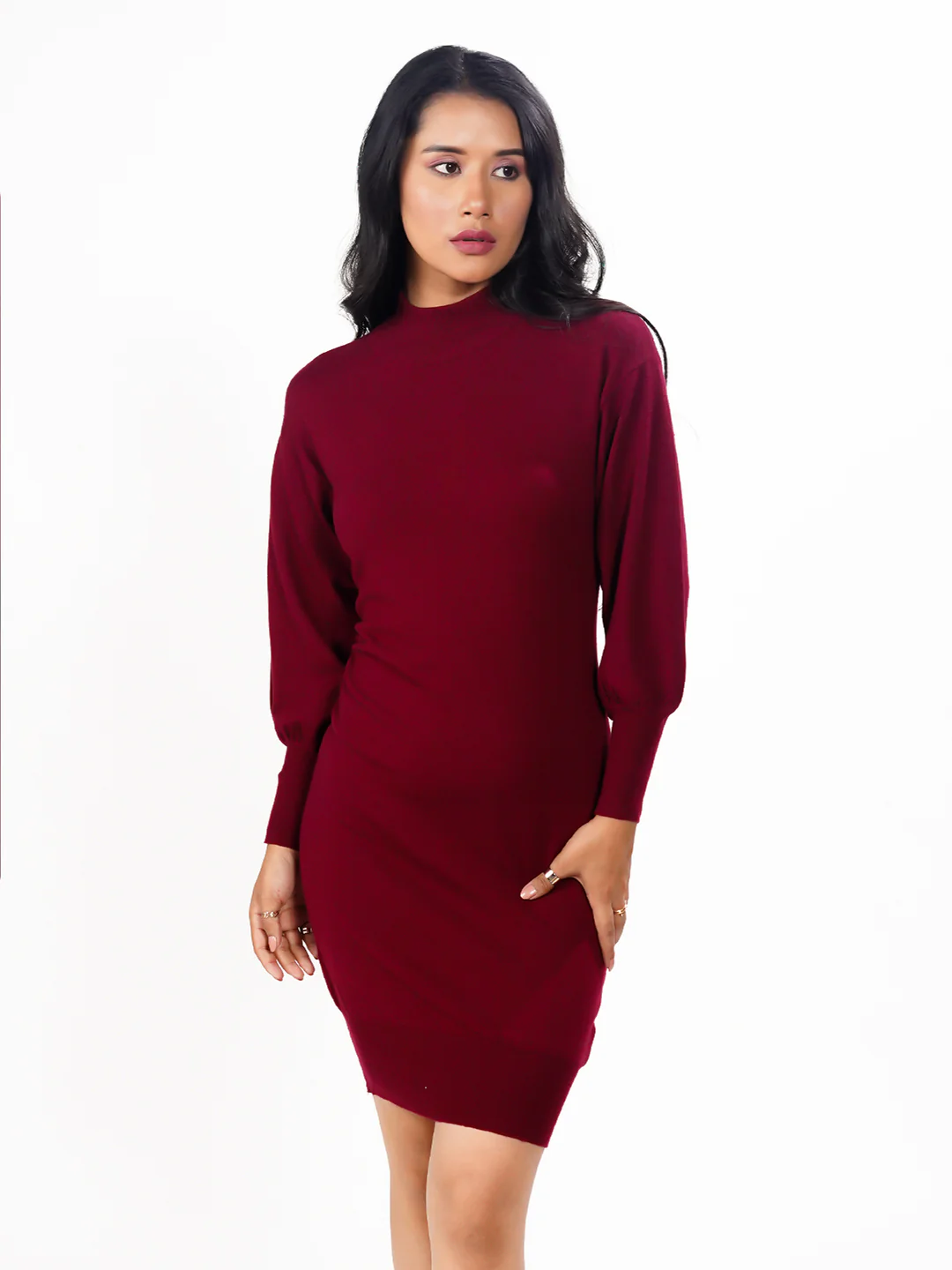 Maroon Solid Slip-On Short Sweater Dress - Image 3