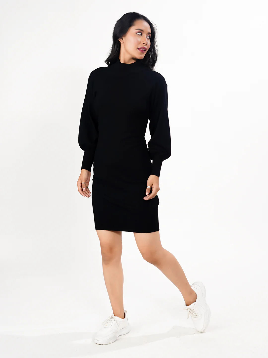 Black Solid Slip-On Short Sweater Dress - Image 6
