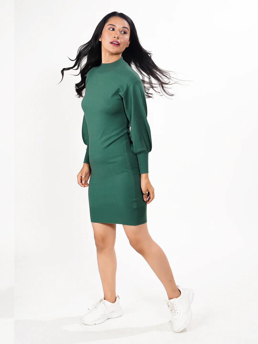 Green Solid Slip-On Short Sweater Dress - Image 3