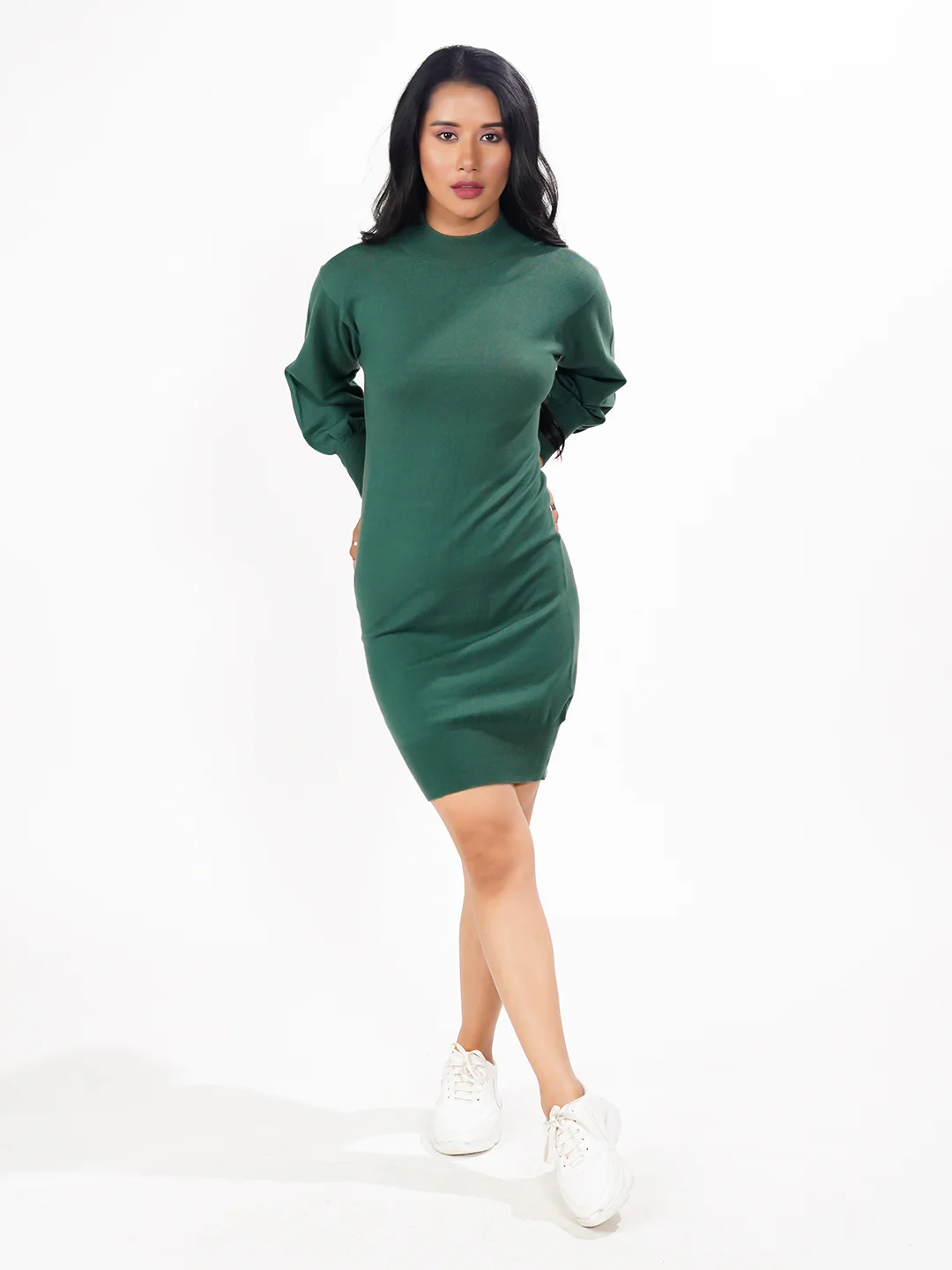 Green Solid Slip-On Short Sweater Dress - Image 6