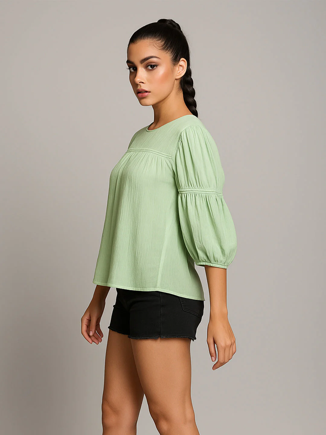 Green Solid 3/4th Sleeves Top - Image 2