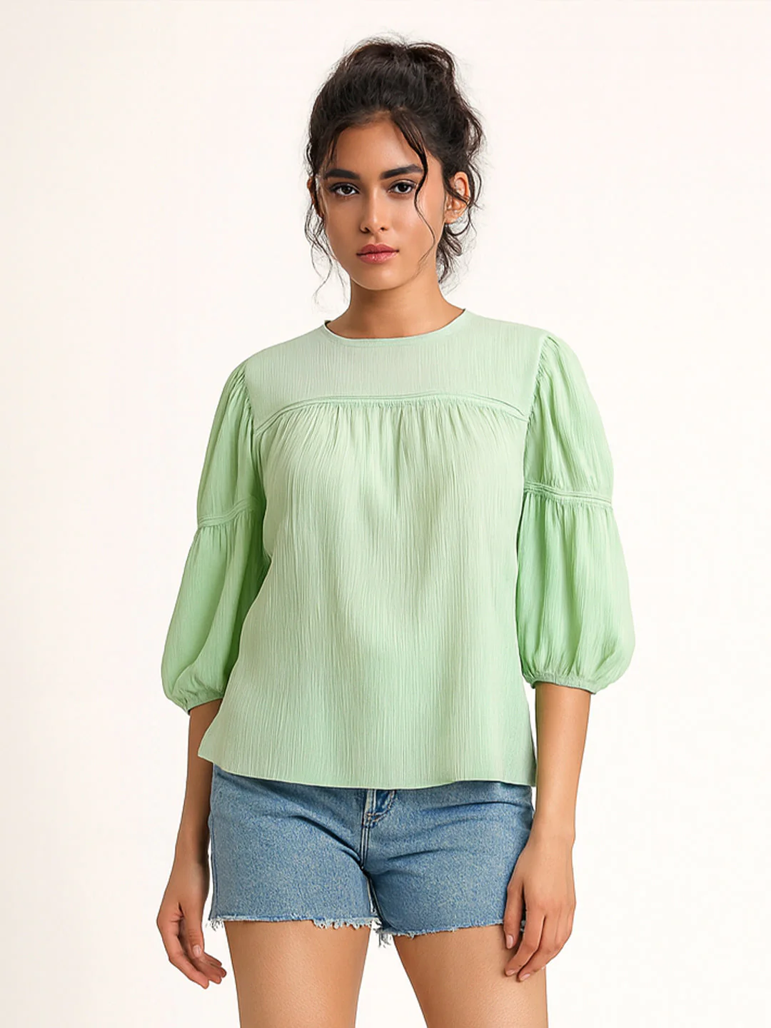 Green Solid 3/4th Sleeves Top - Image 3