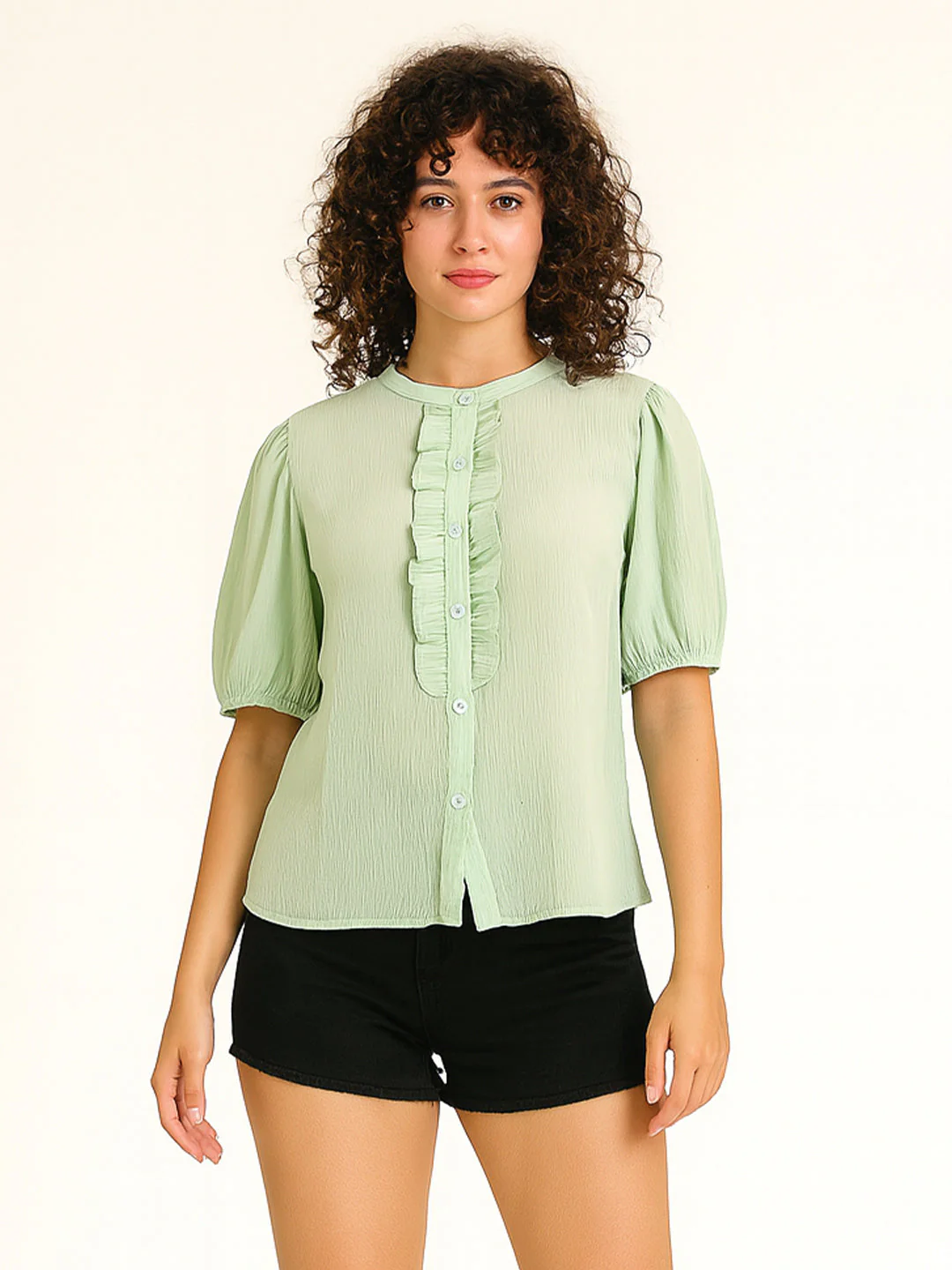 Green Solid Short Sleeves Top - Image 3