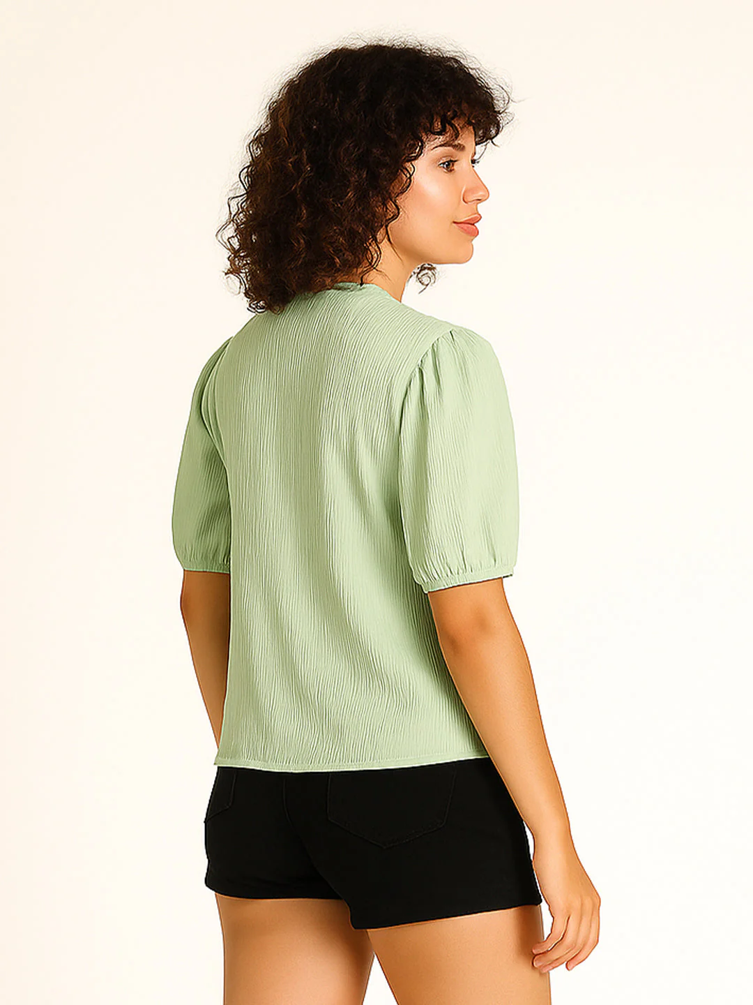 Green Solid Short Sleeves Top - Image 4