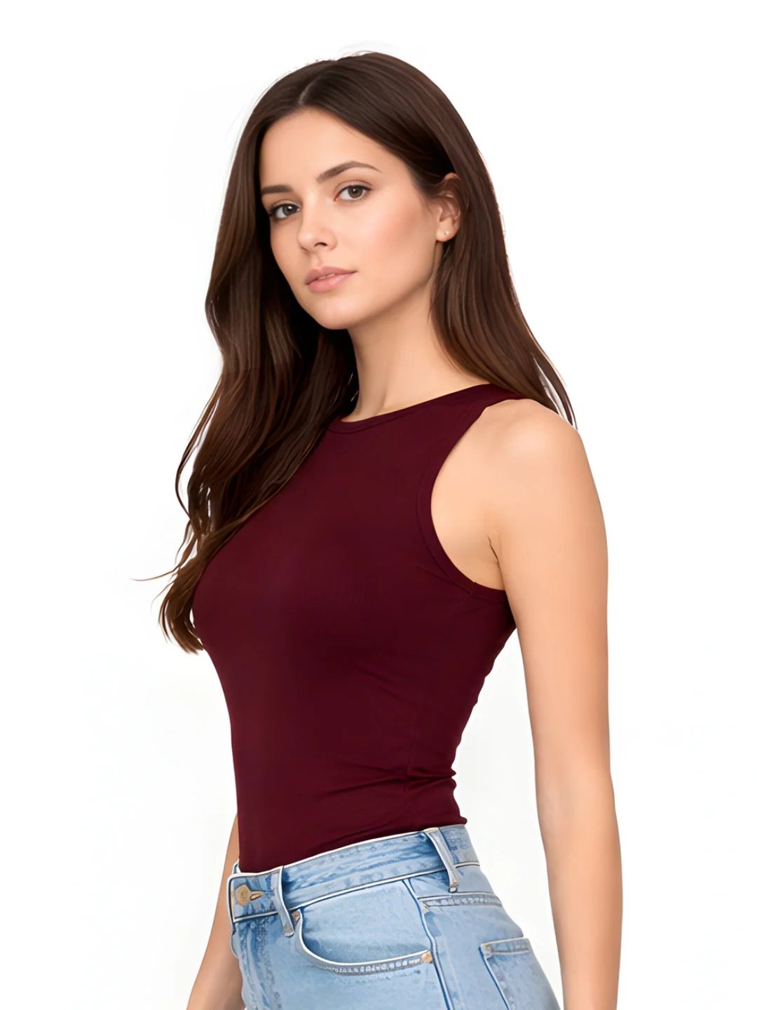 Brown Plain Sleeveless Crop Tops - Image 3