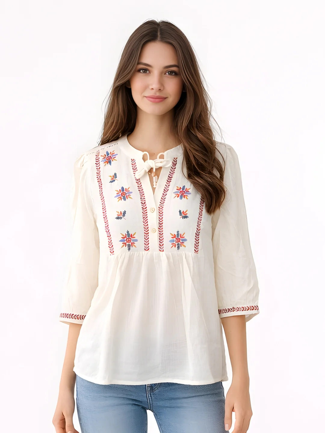 Off White Embroidered 3/4th Sleeve Top - Image 2
