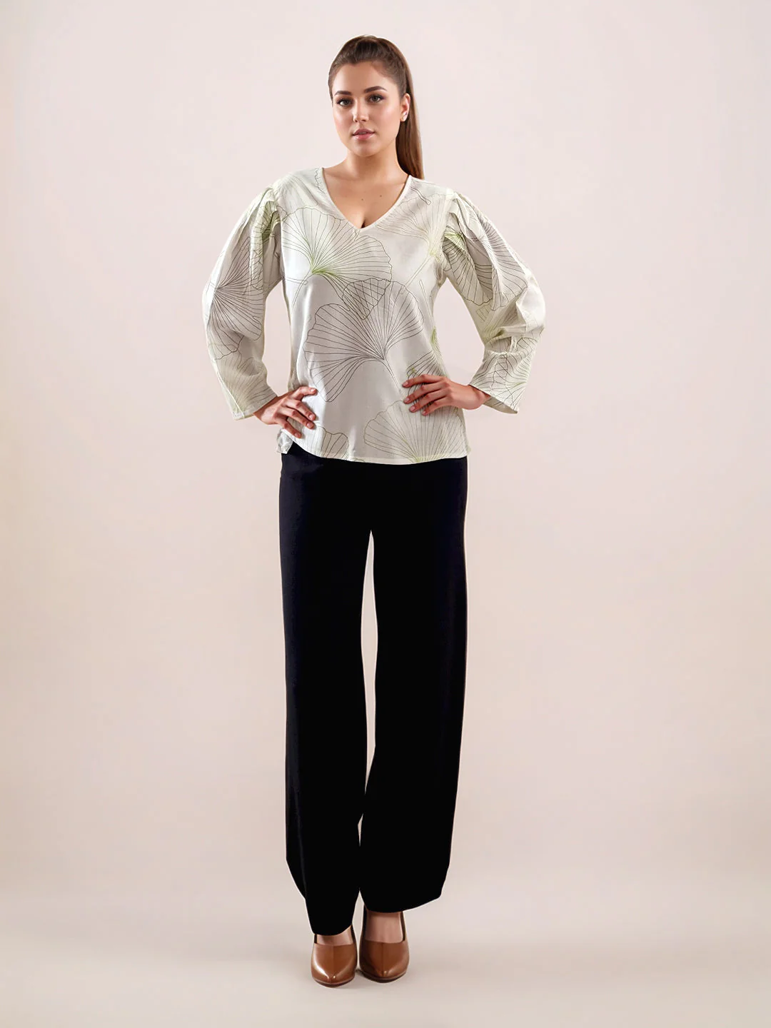 Multi-Colored Tropical Print Long Sleeves Top