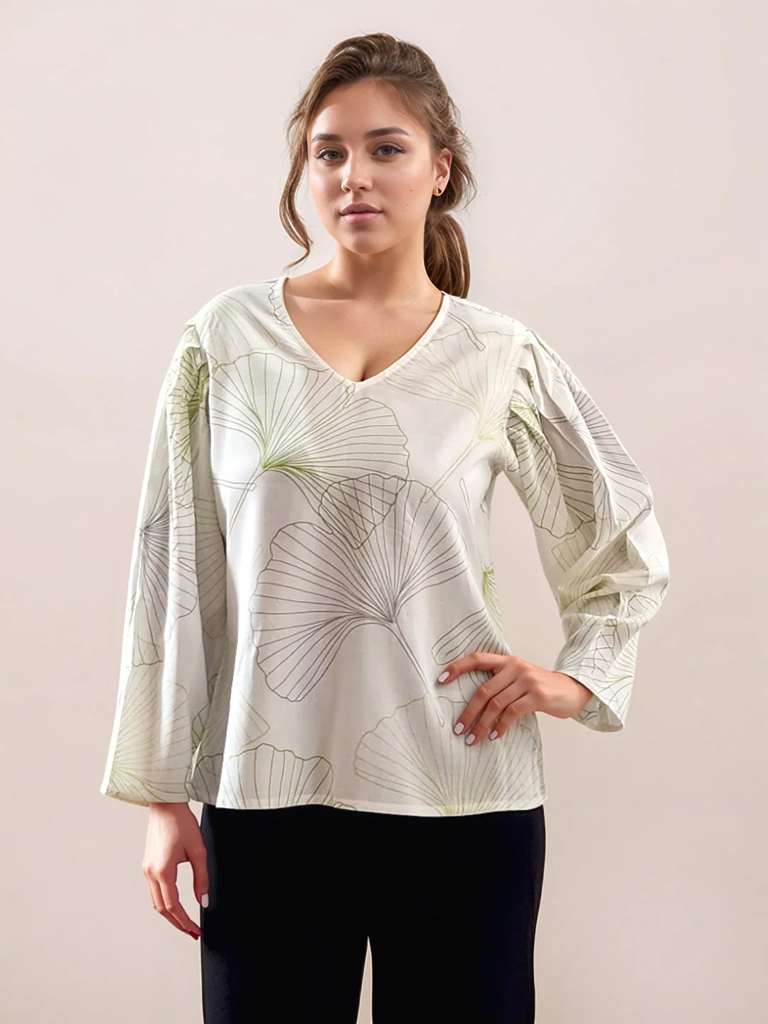 Multi-Colored Tropical Print Long Sleeves Top - Image 2