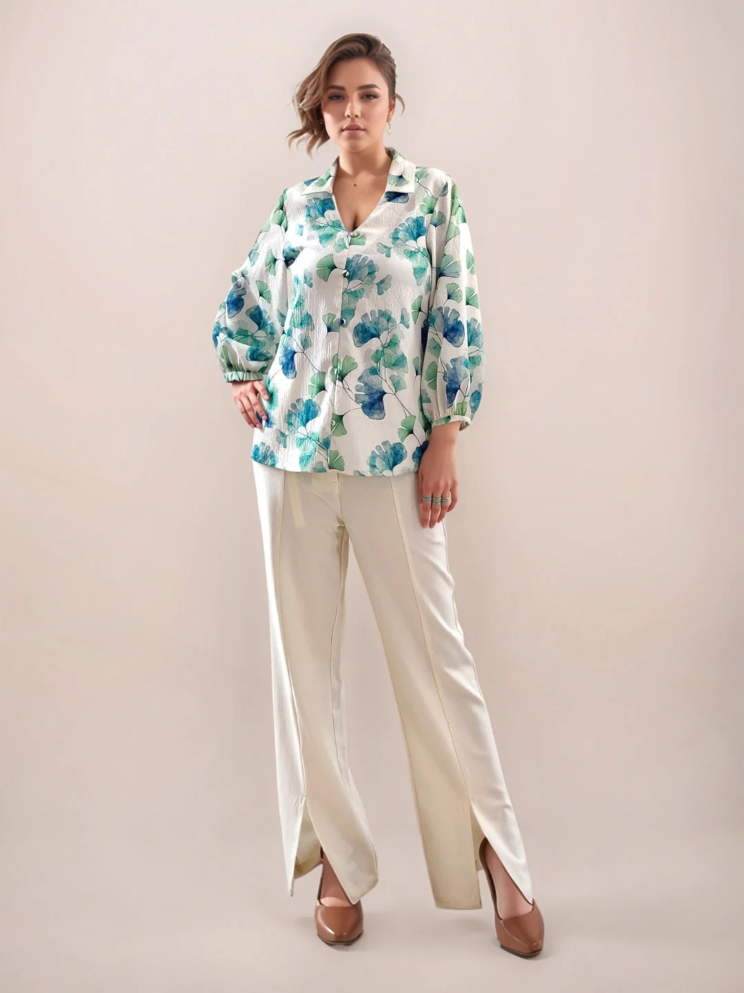 Multi-Colored Tropical Print 3/4th Sleeves Top