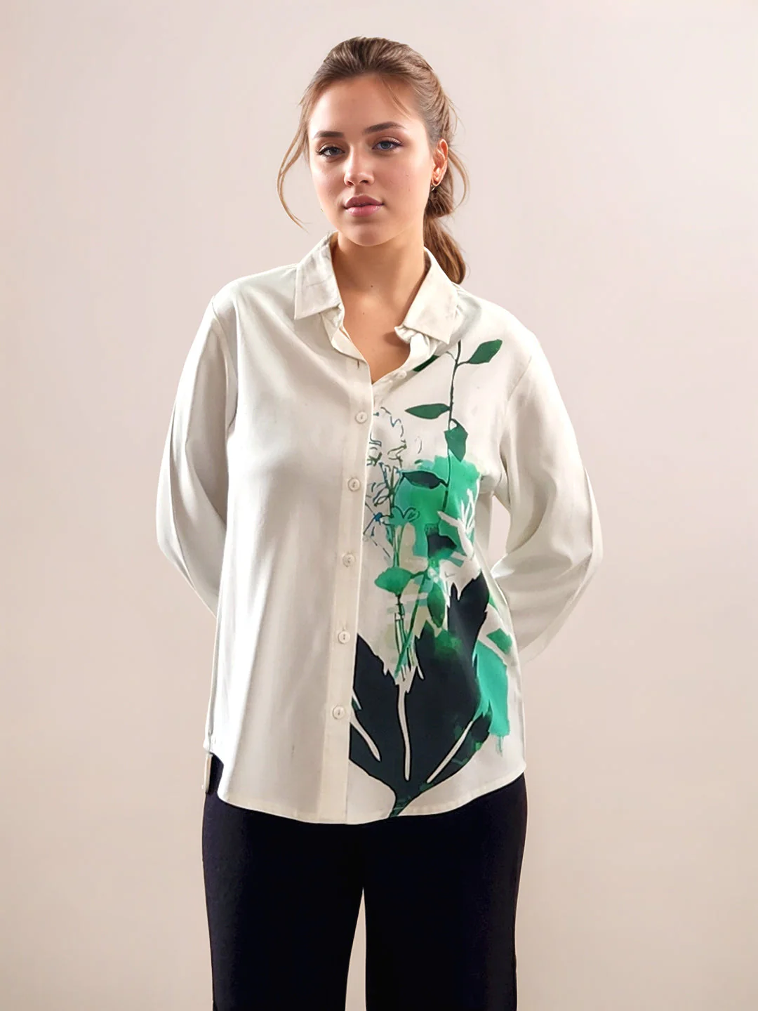 White Tropical Print Long Sleeves Shirt - Image 2