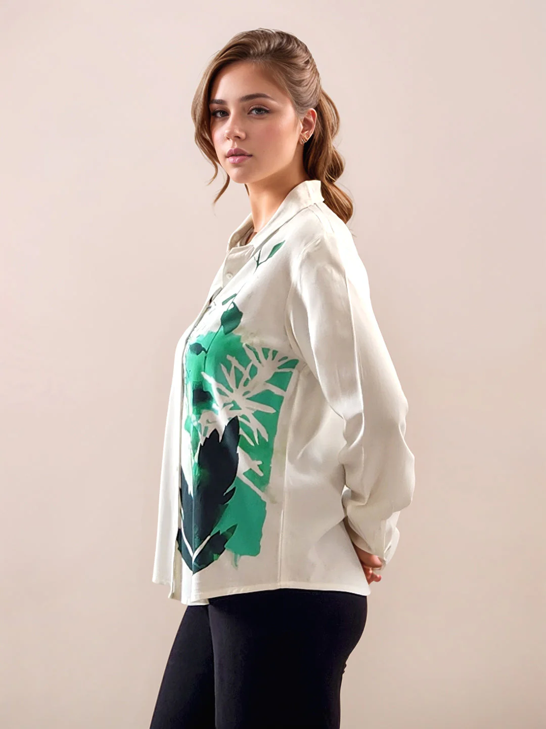 White Tropical Print Long Sleeves Shirt - Image 3