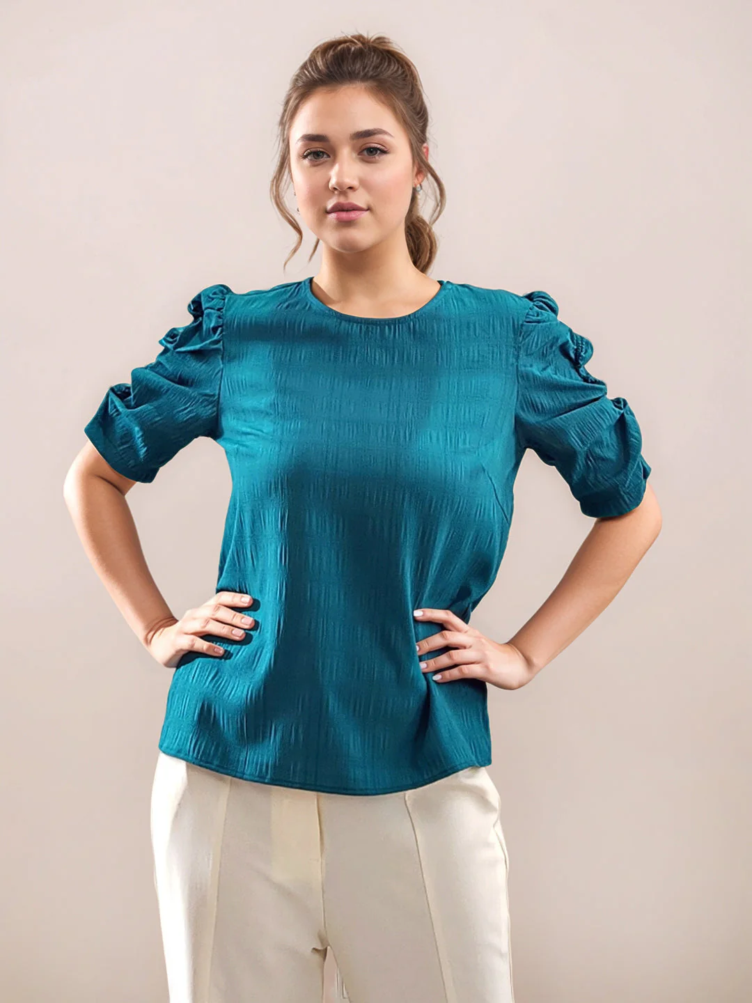 Teal Tropical Print 3/4th Sleeves Top - Image 2