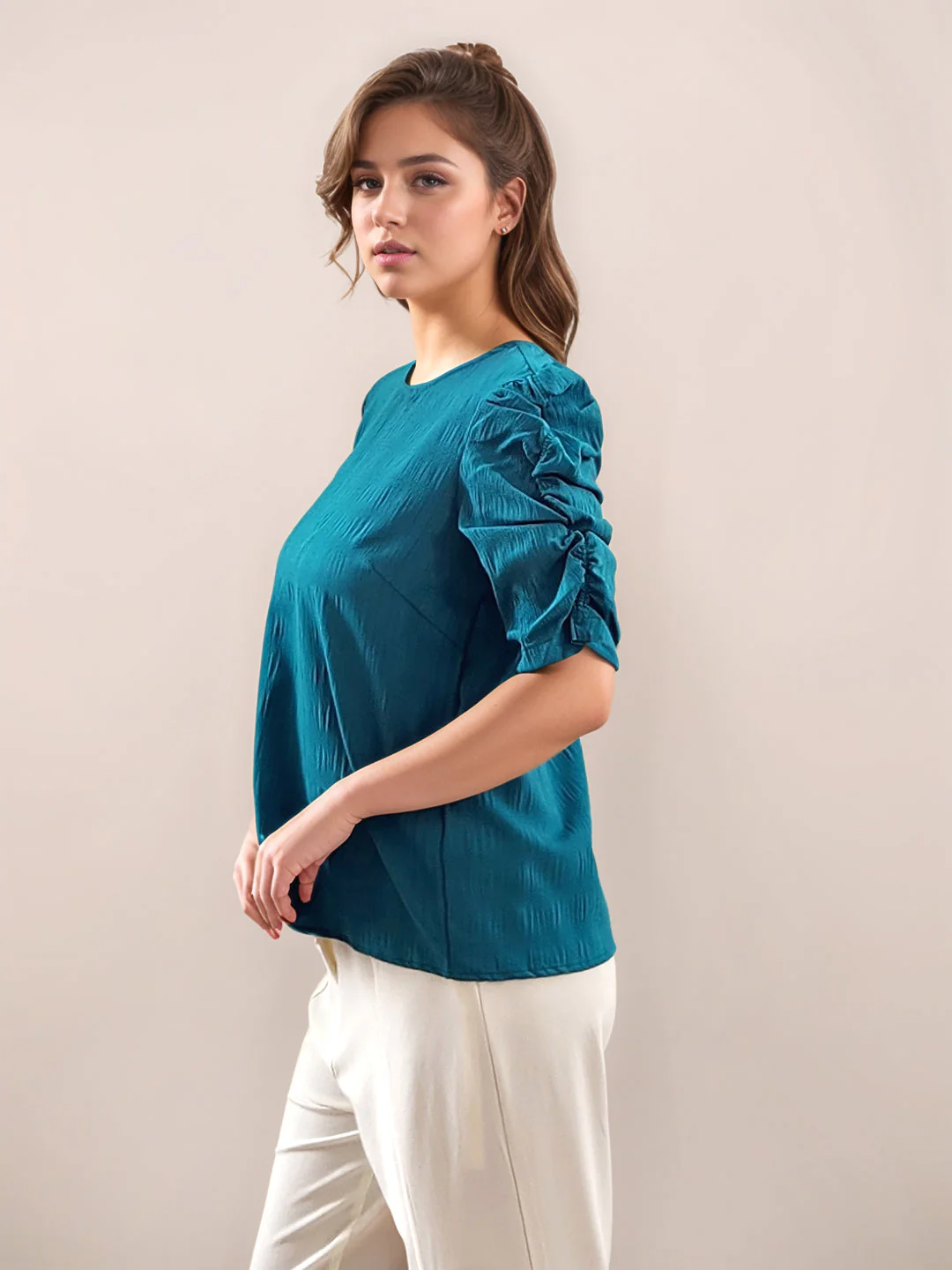Teal Tropical Print 3/4th Sleeves Top - Image 3