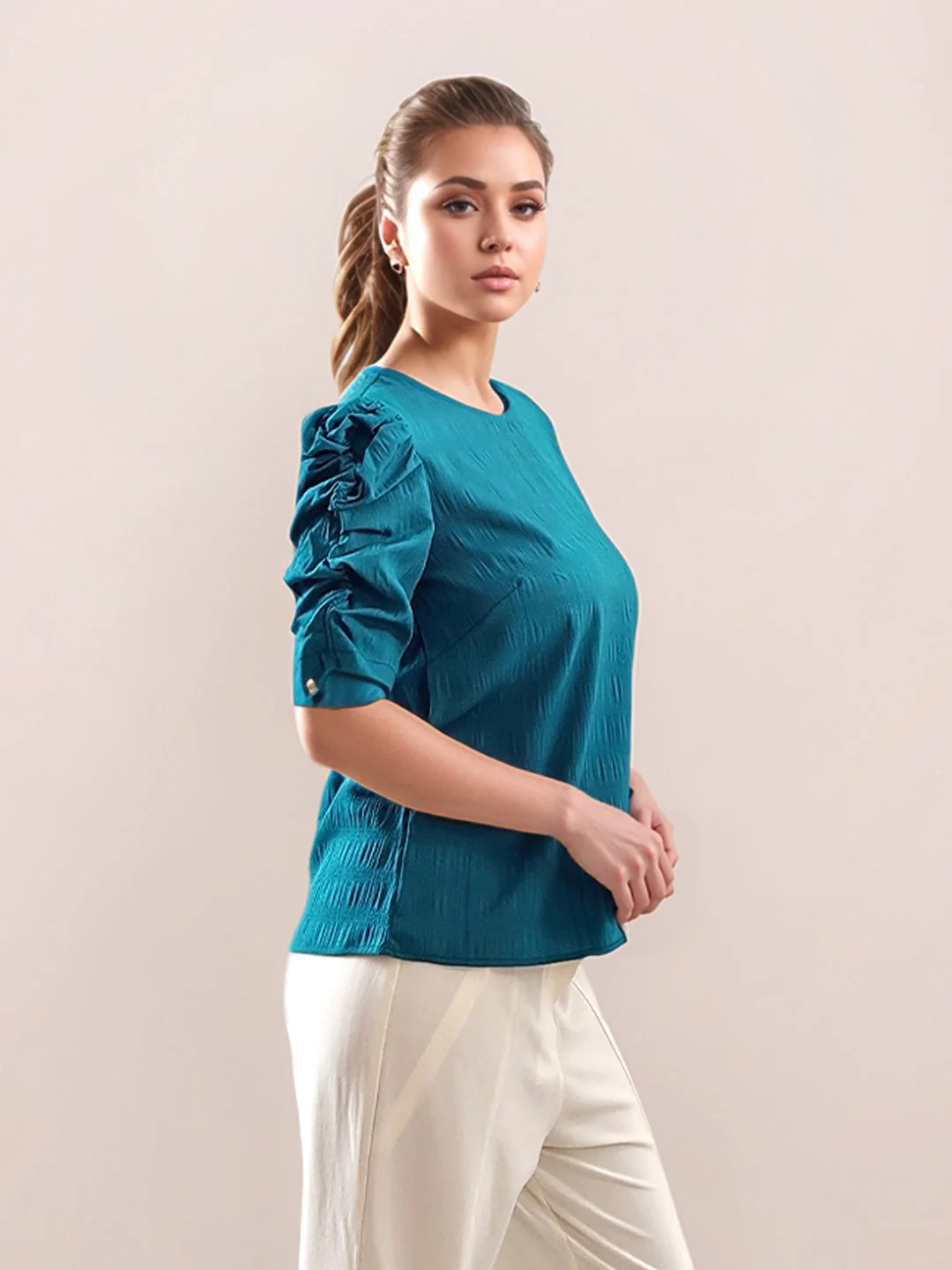 Teal Tropical Print 3/4th Sleeves Top - Image 5