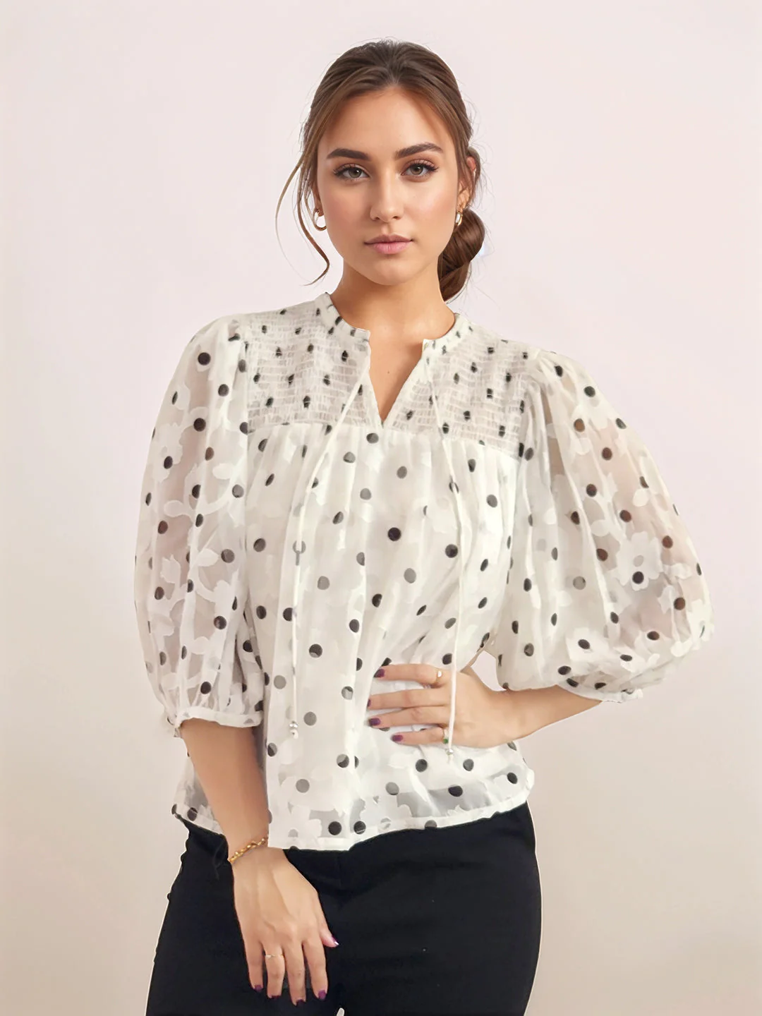 White Floral Prints 3/4th Sleeves Top - Image 2