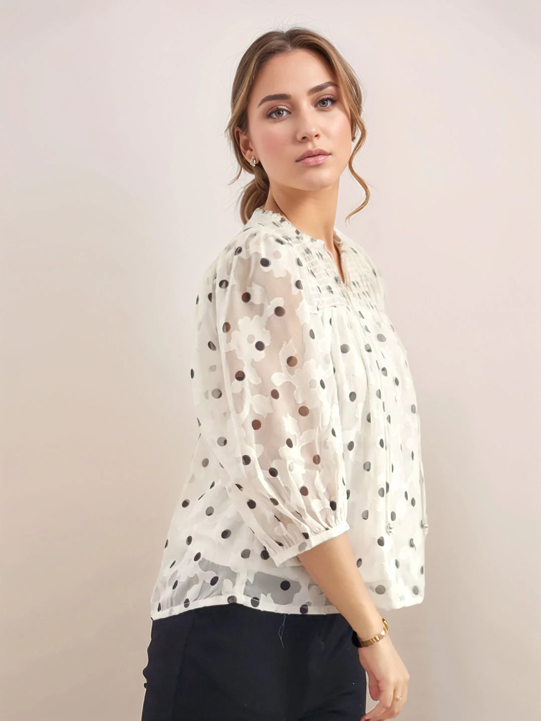 White Floral Prints 3/4th Sleeves Top - Image 3