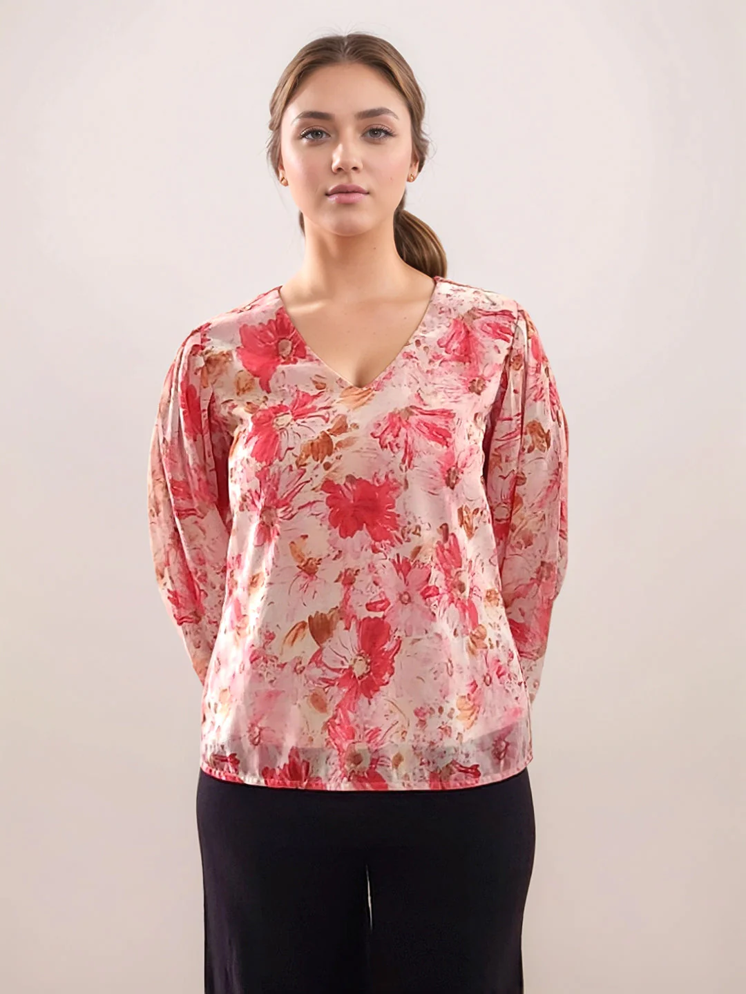 Multi-Colored Floral Prints 3/4th Sleeves Top - Image 2