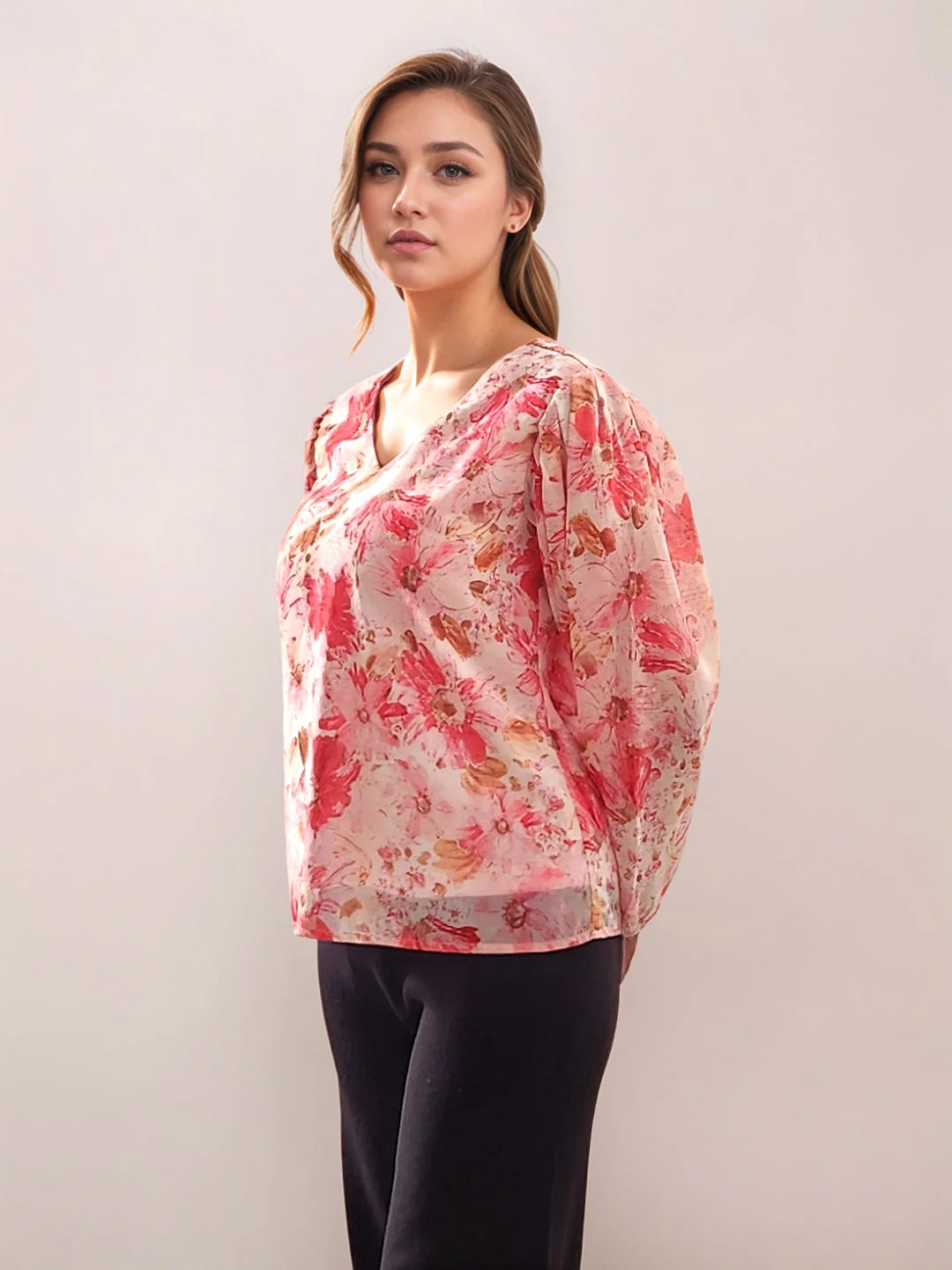 Multi-Colored Floral Prints 3/4th Sleeves Top - Image 3