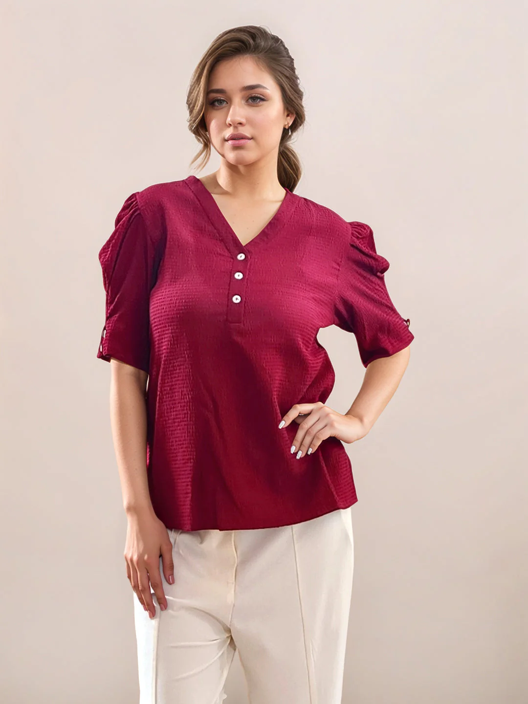 Maroon Textured Short Sleeves Top - Image 2