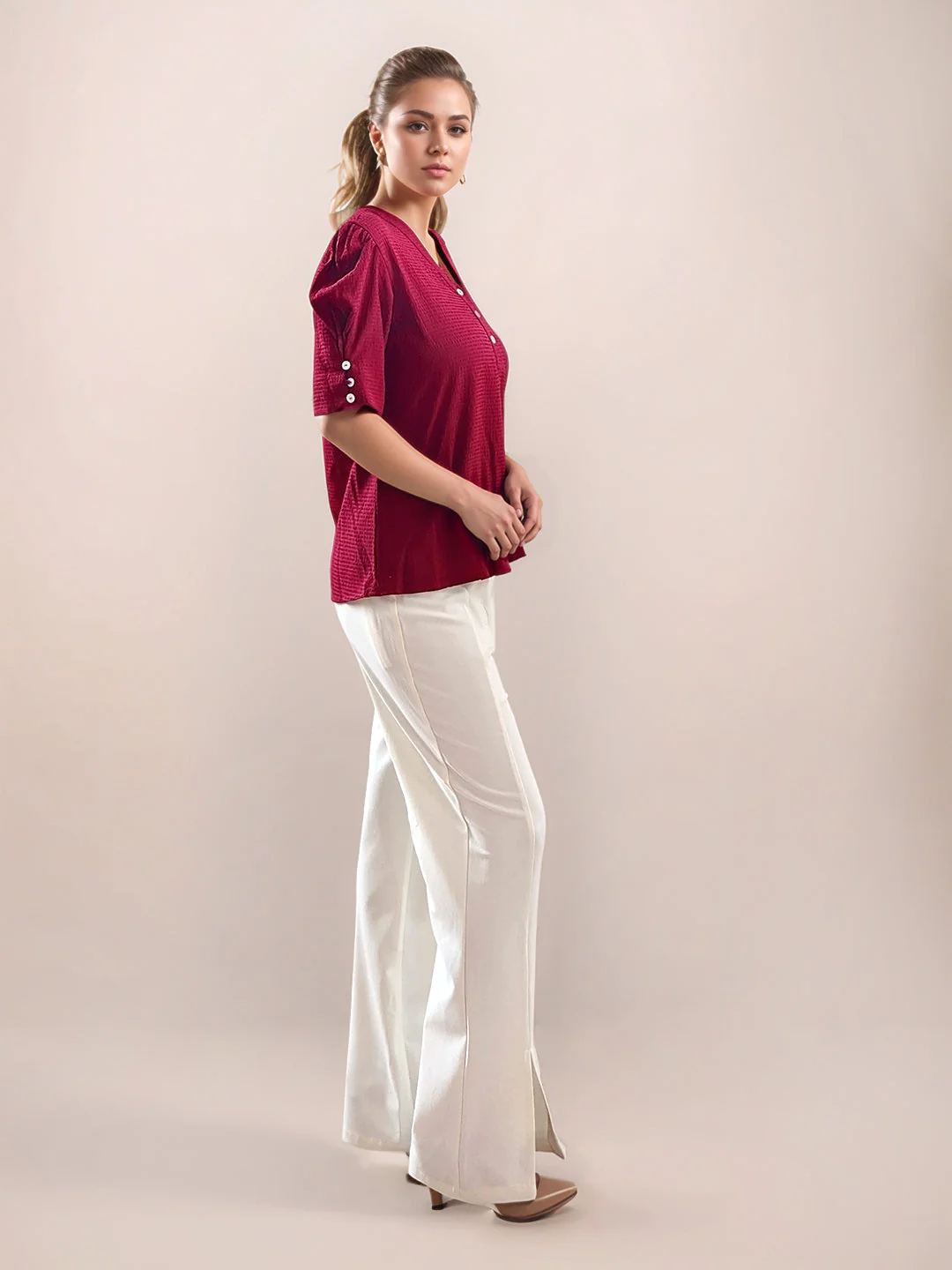 Maroon Textured Short Sleeves Top - Image 5