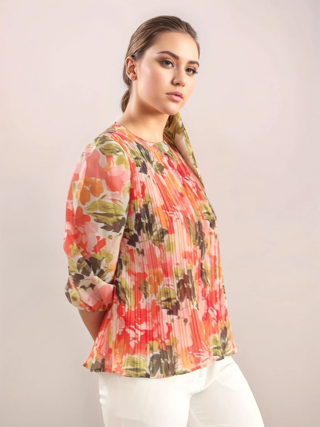 Multi-Colored Floral Prints 3/4th Sleeves Top - Image 3