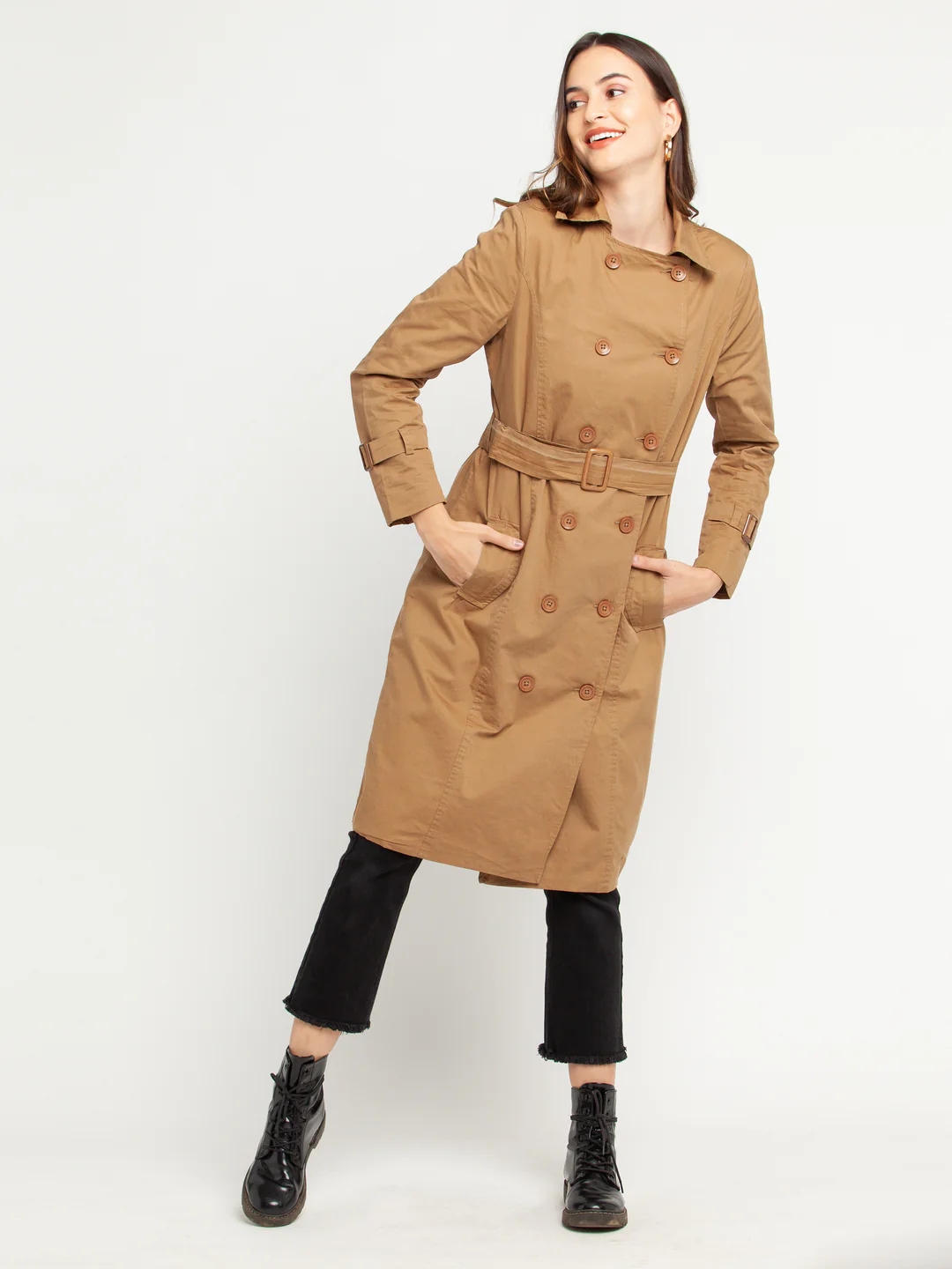 Tan Solid Trench Coat - Image 2