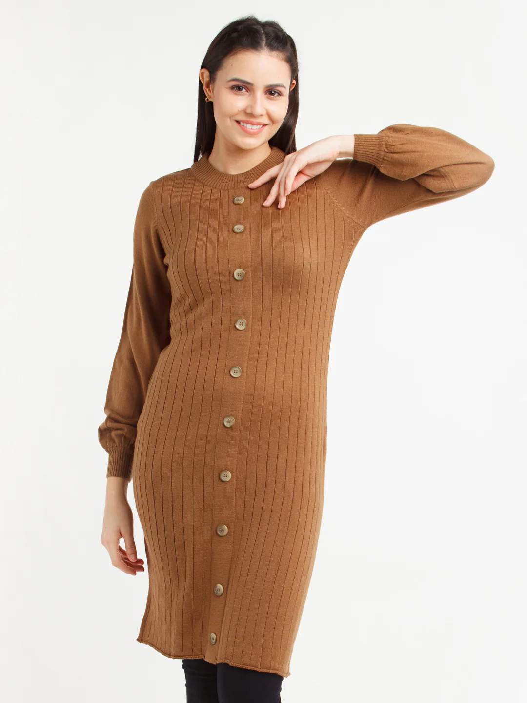 Tan Striped Puff Sleeve Sweater - Image 2