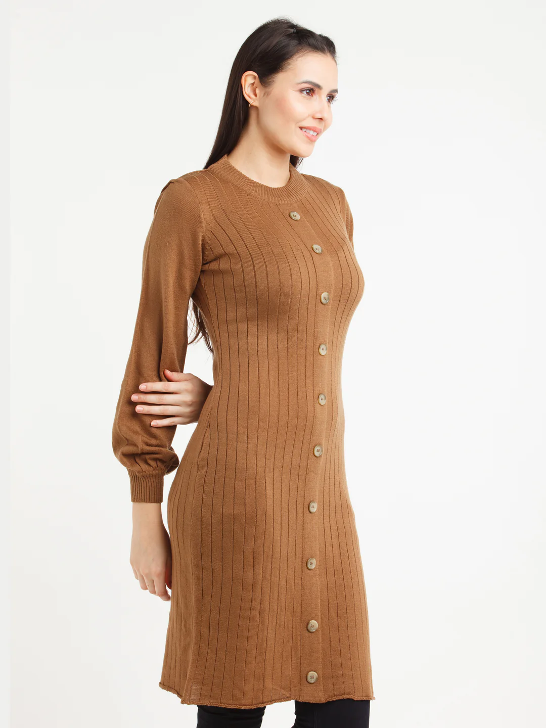 Tan Striped Puff Sleeve Sweater - Image 3
