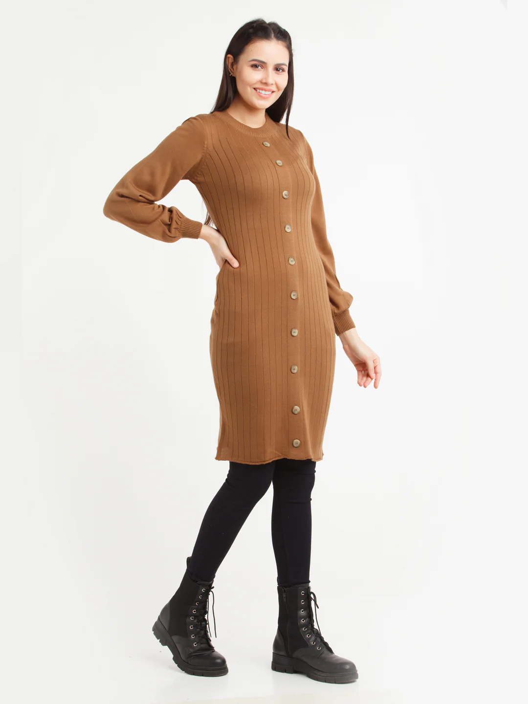 Tan Striped Puff Sleeve Sweater - Image 5