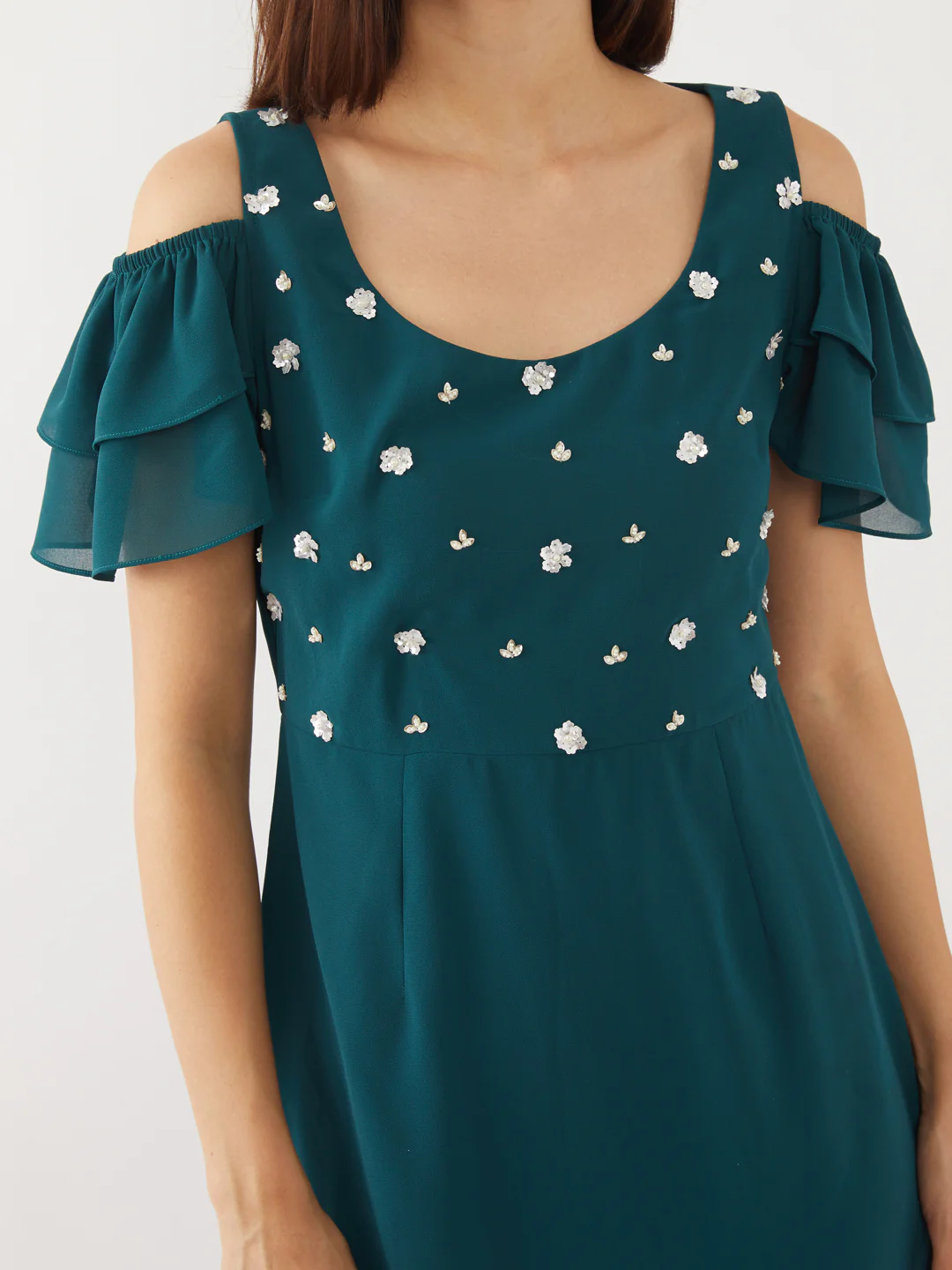 Teal Embellished Flared Sleeve Short Dress - Image 6