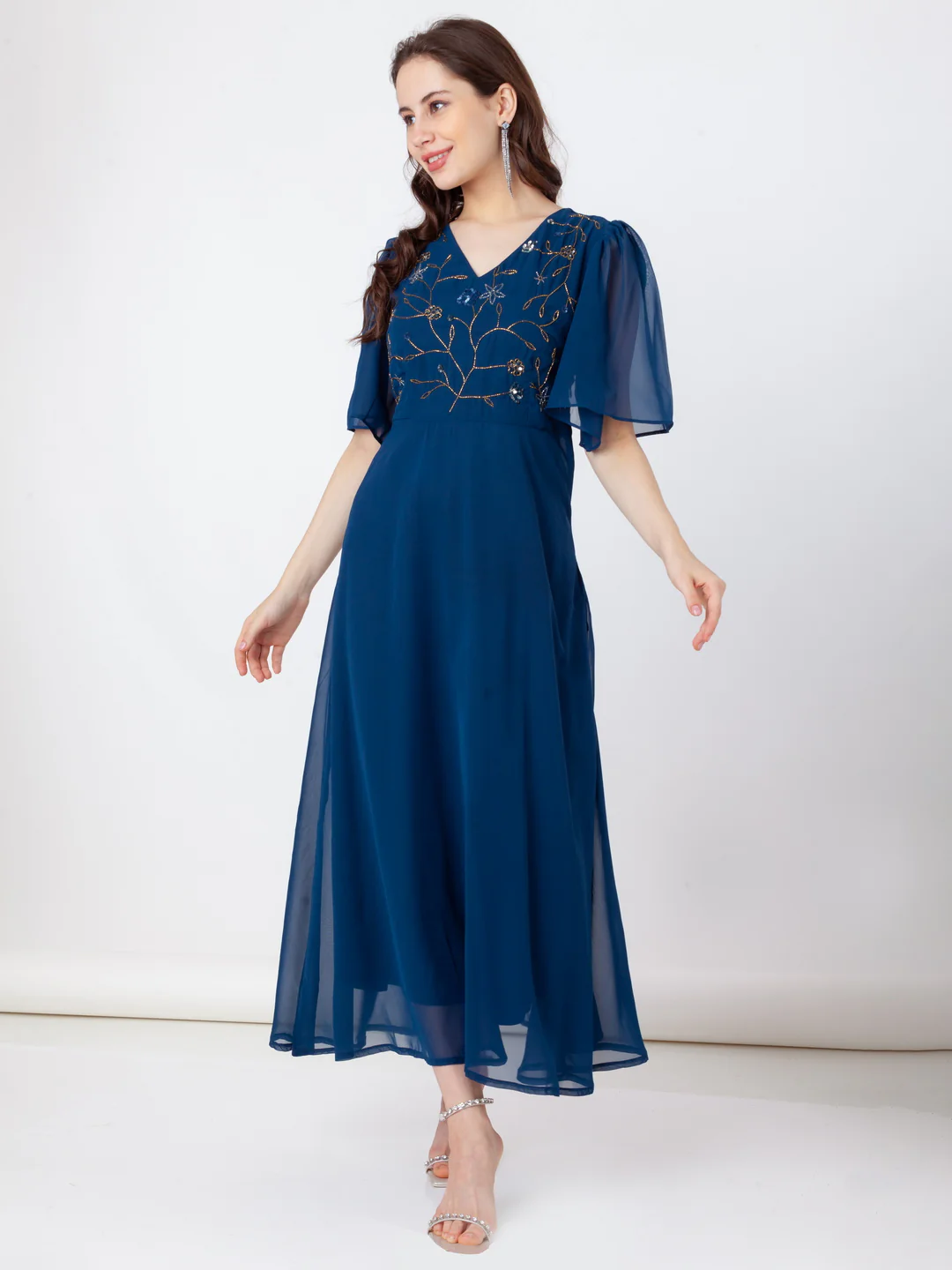 Teal Embroidered Flared Maxi Dress