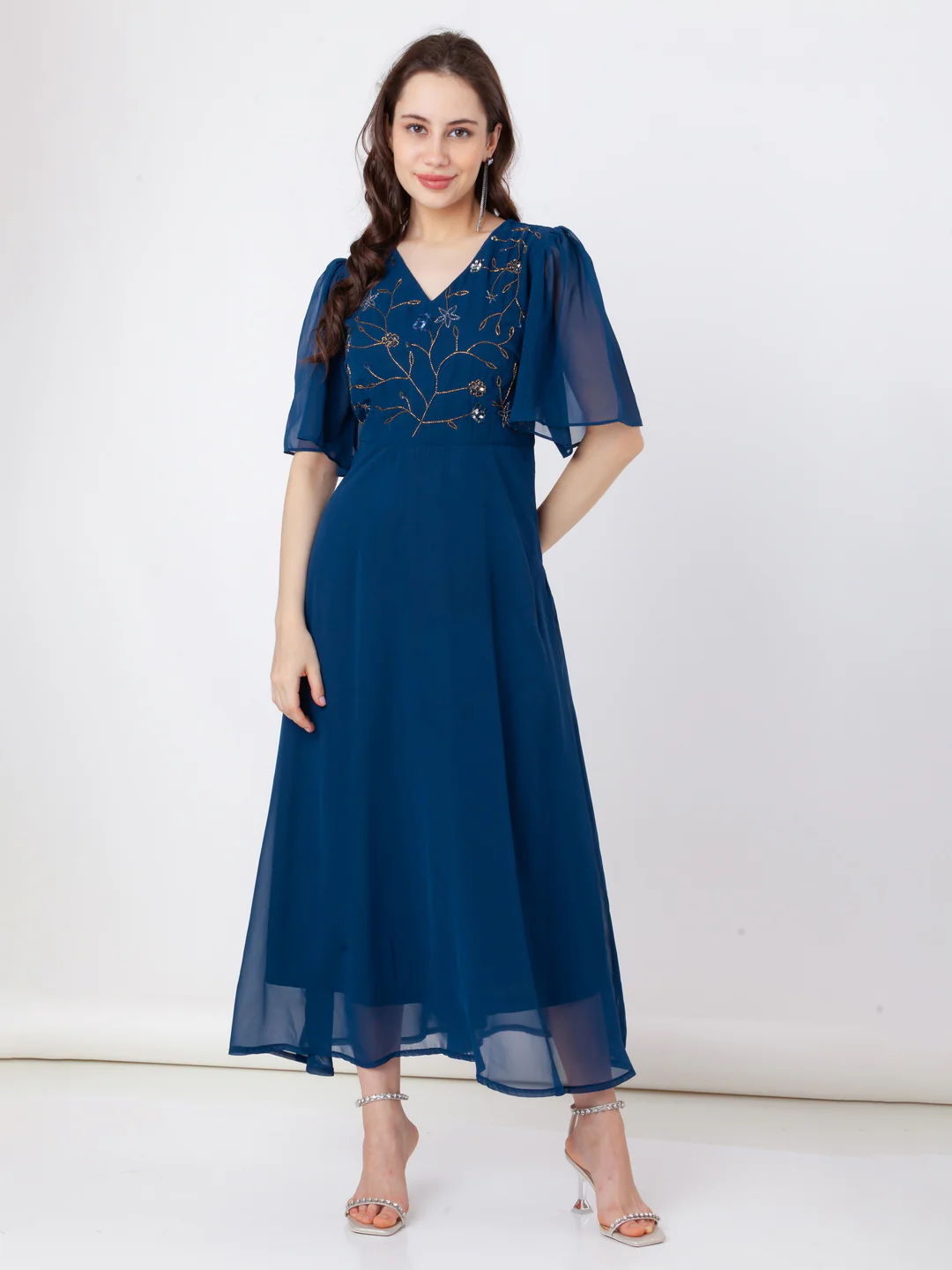 Teal Embroidered Flared Maxi Dress - Image 2