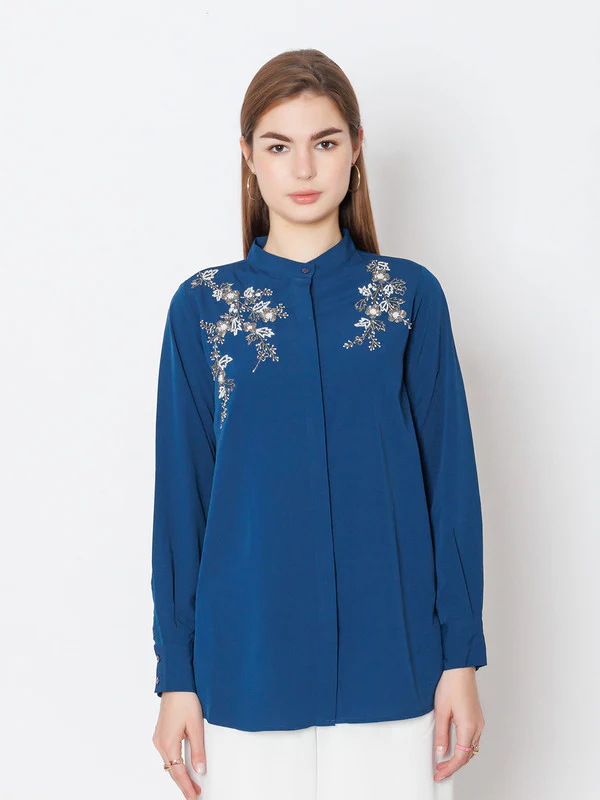 Teal Embroidered Regular Fit Top - Image 2