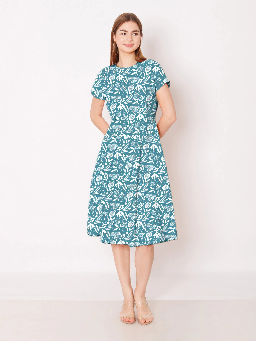 Teal Floral Printed A-Line Midi Dress - Image 5