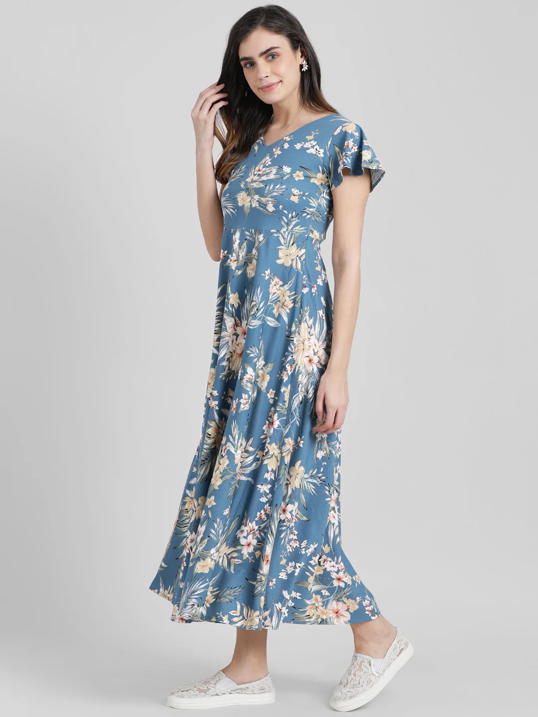 Teal Floral Printed Fit & Flare Dress - Image 2