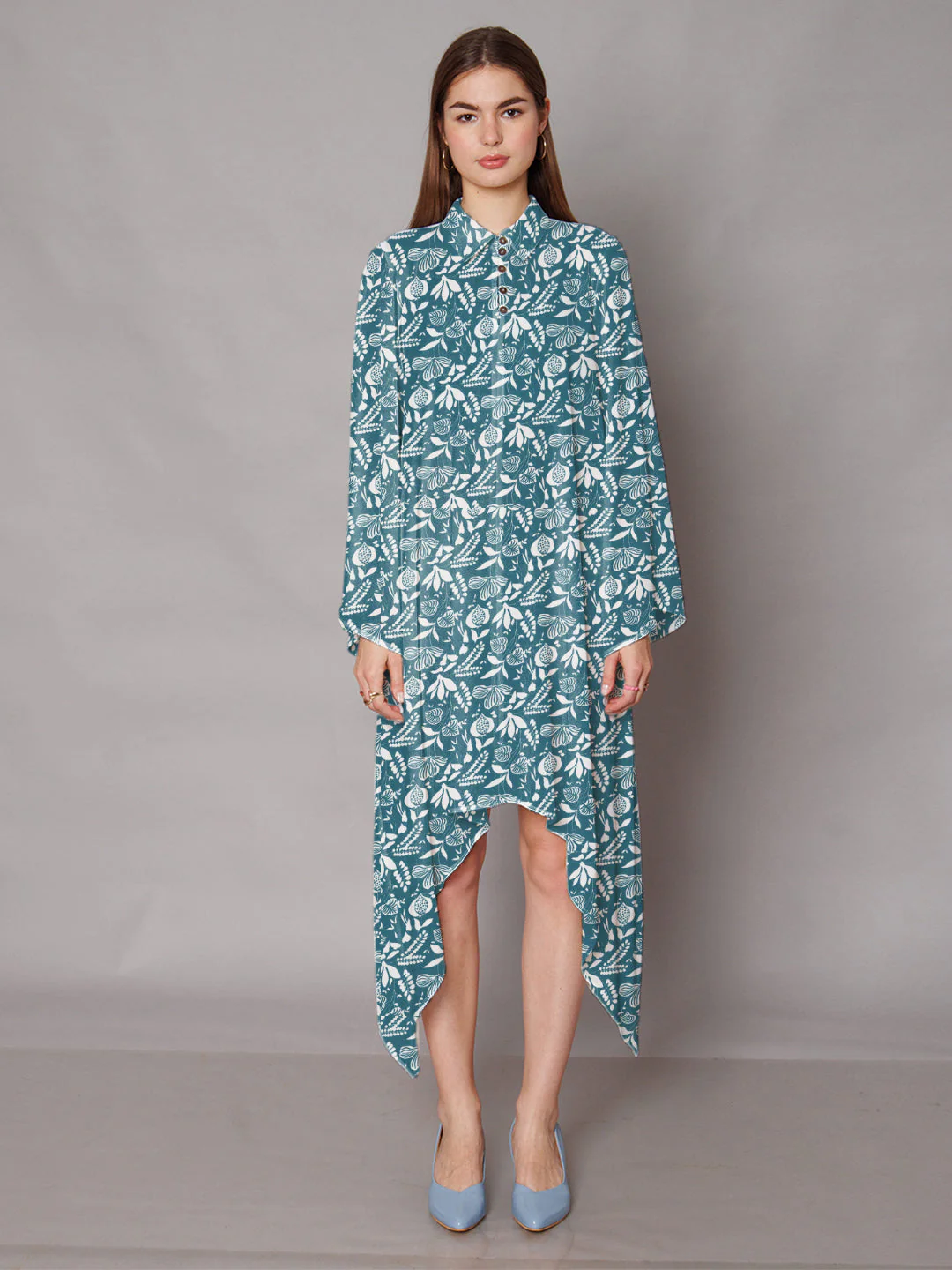Teal Floral Printed High-Low Midi Dress - Image 2