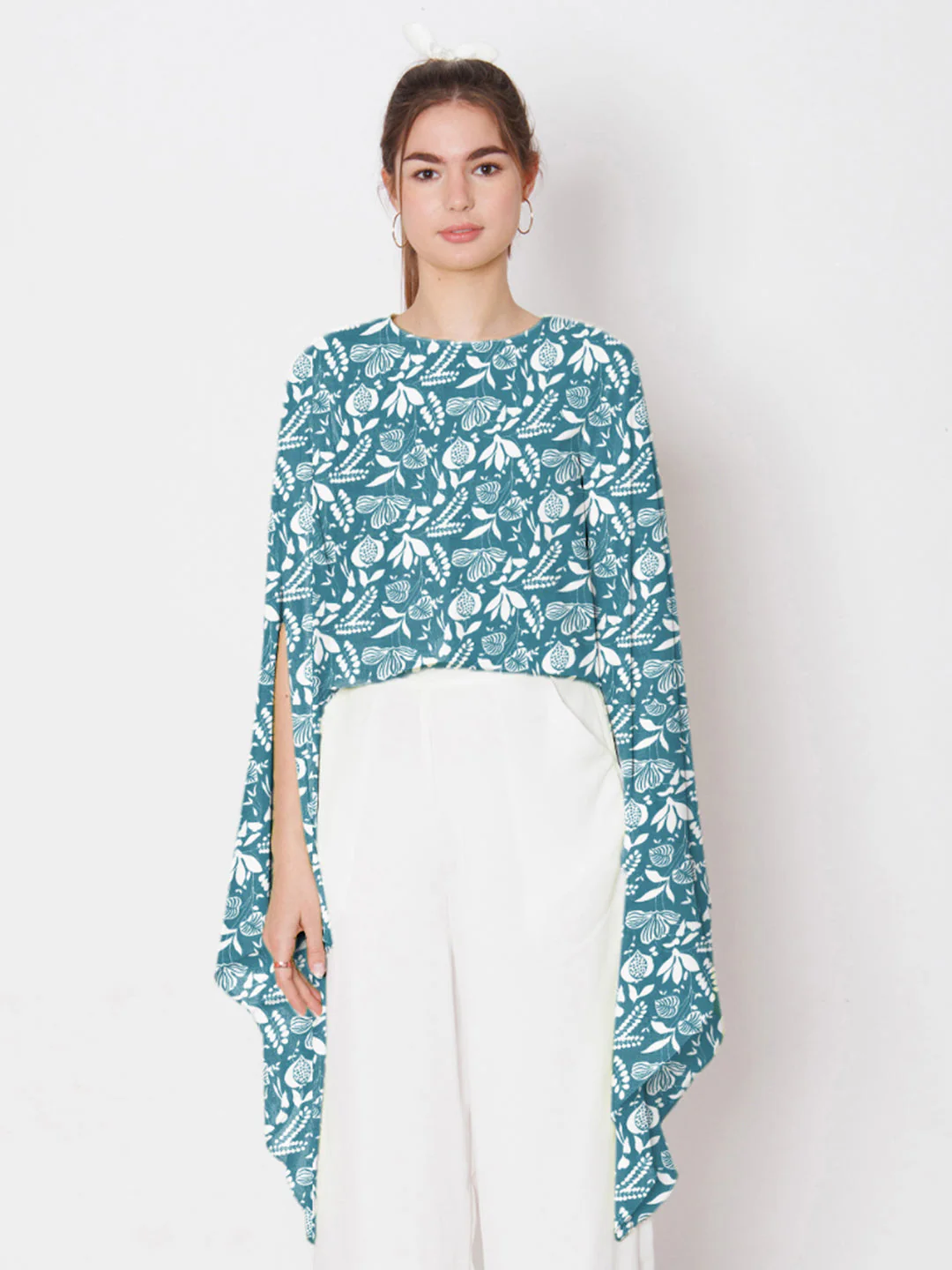 Teal Floral Printed Stylised Sleeve Top - Image 2