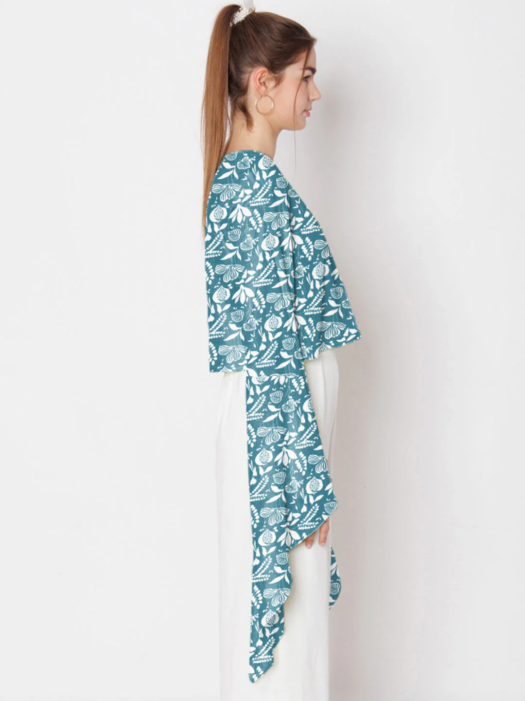 Teal Floral Printed Stylised Sleeve Top - Image 3