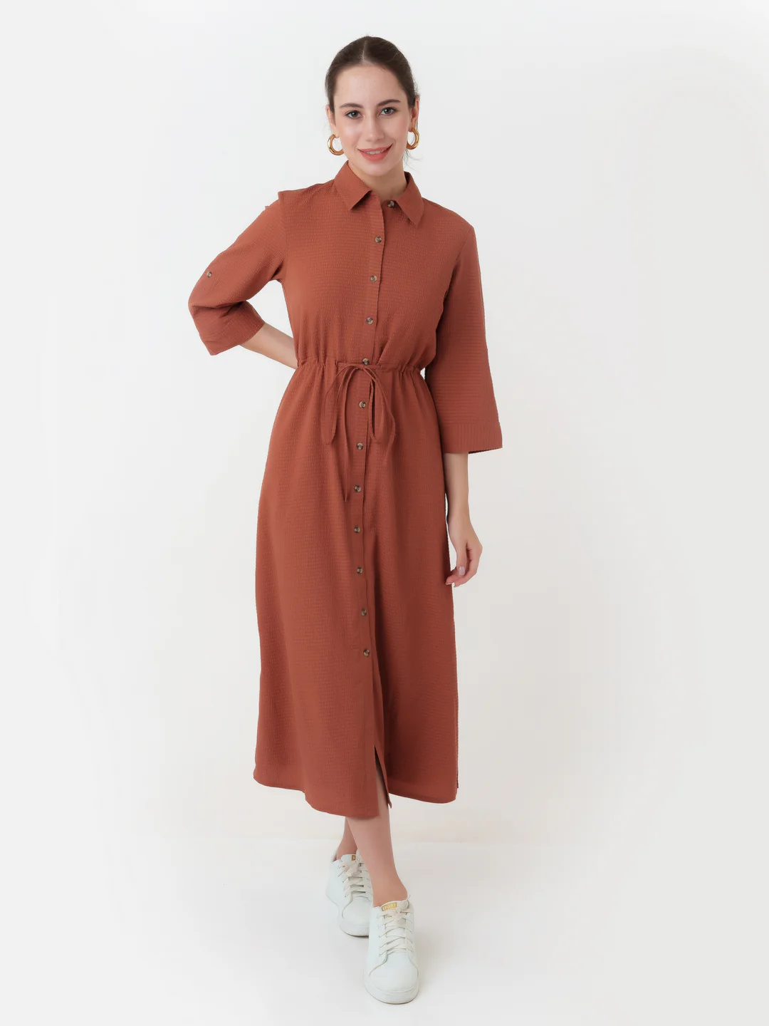 Terracotta Solid Shirt Styled Maxi Dress - Image 2