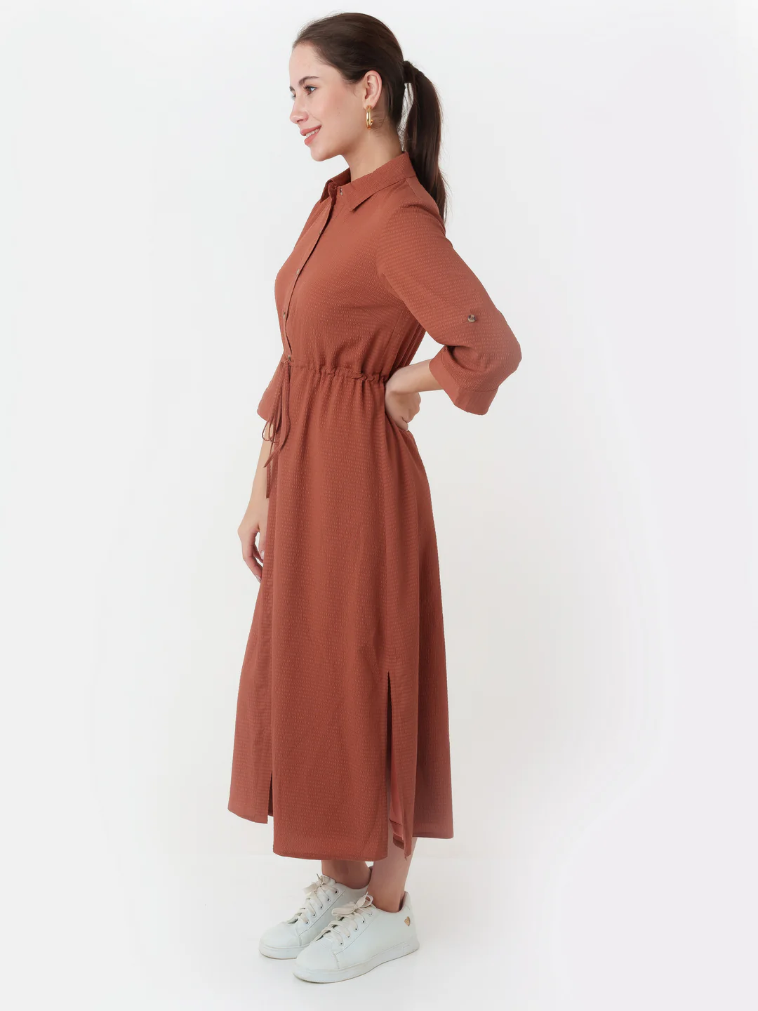 Terracotta Solid Shirt Styled Maxi Dress - Image 3