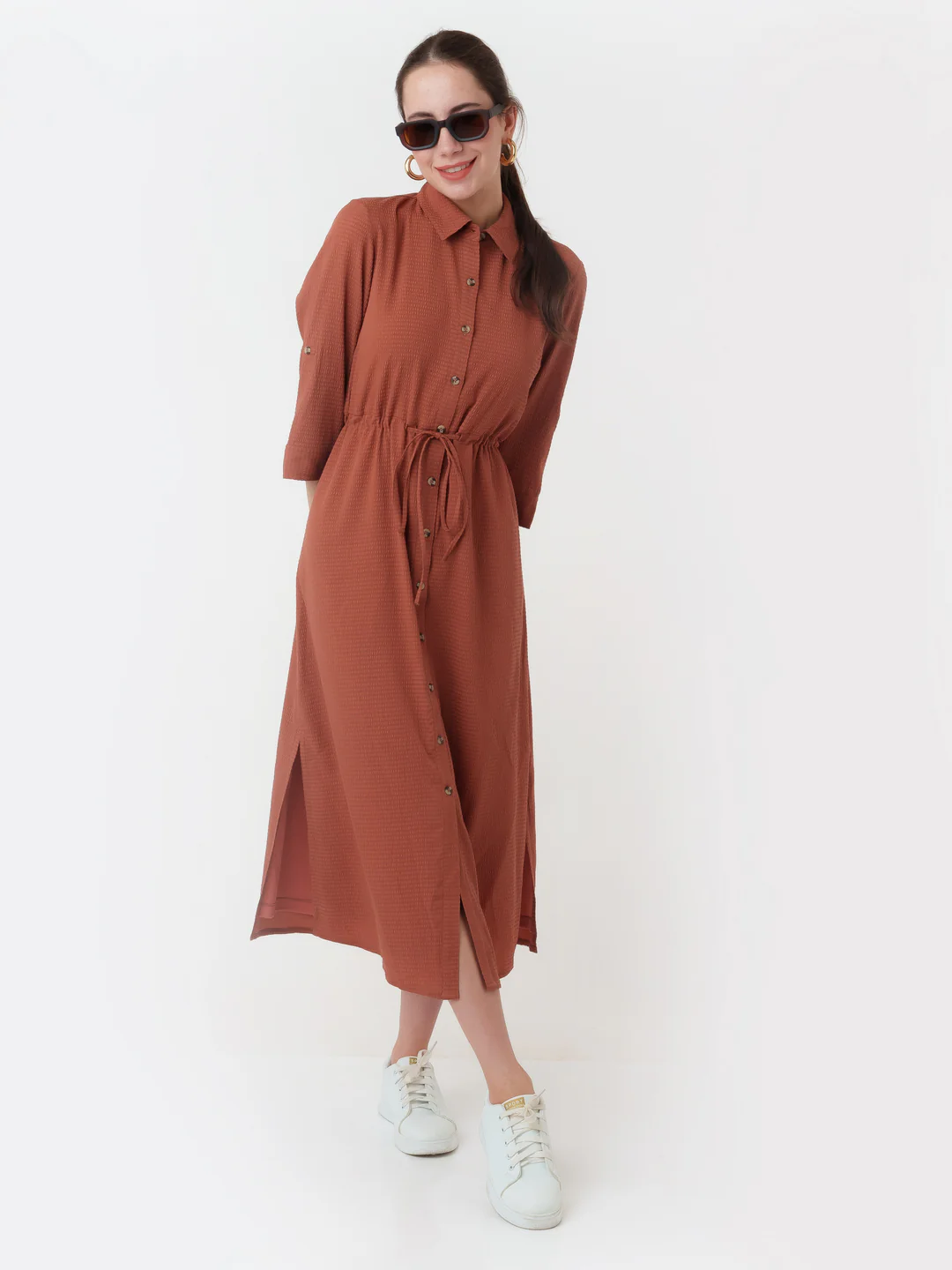 Terracotta Solid Shirt Styled Maxi Dress - Image 5